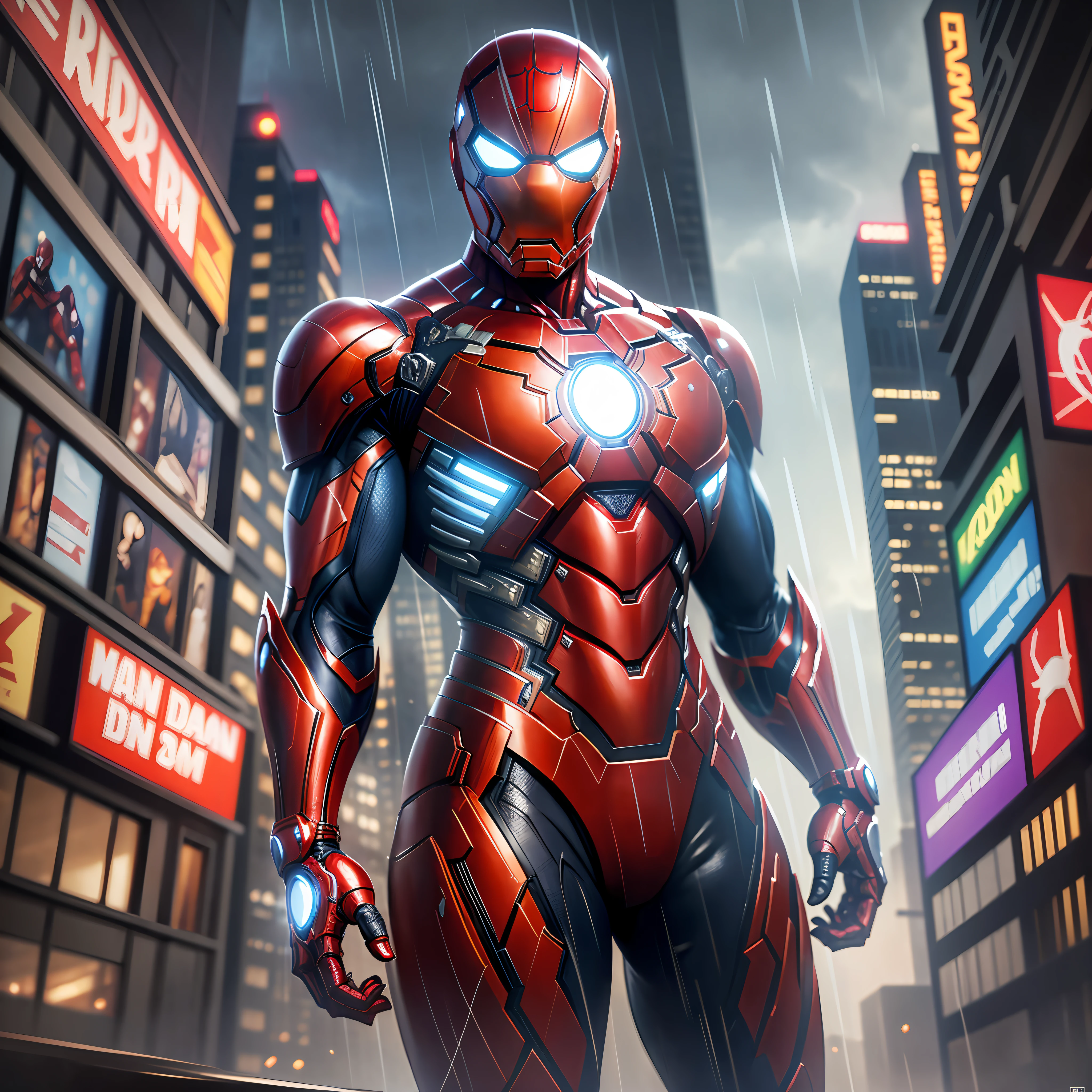 Spider-Man with Iron Man-style armor, Marvel Iron Man mixed with Spider-Man, dark, cyberpunk city, raining, right hands, ultra realistic, Unreal Engine 5, dark, ultra quality, gorgeous, beautiful, imposing pose, right hand with a cannon and plasma --auto --s2