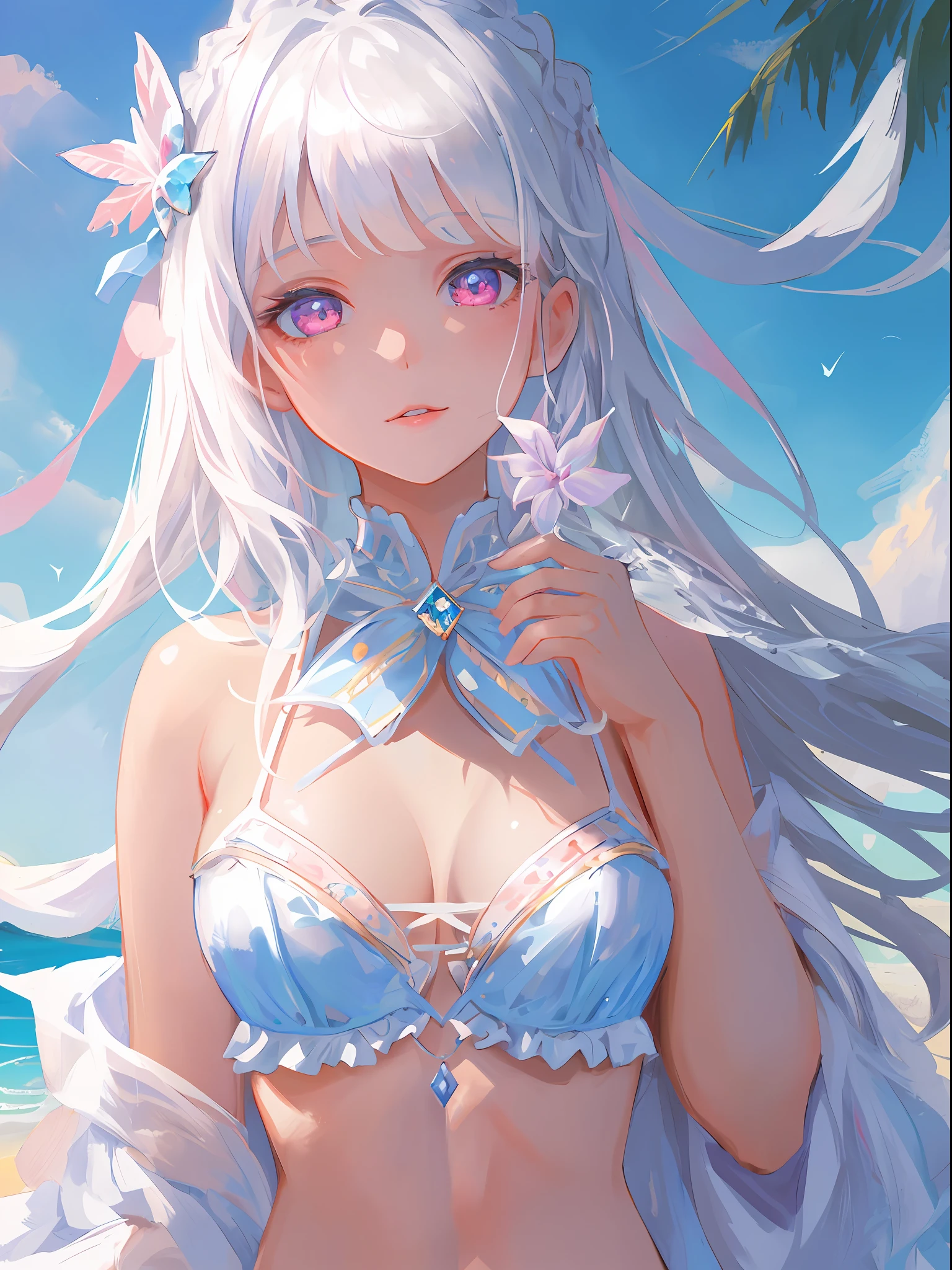 masterpiece, top quality, ultra detail, illustration,(1girl),beautiful detailed face, look at viewer, close-up, (focusing on upper body), white hair, shy, fairy, white and blue bikini, pink eyes,naughty girl