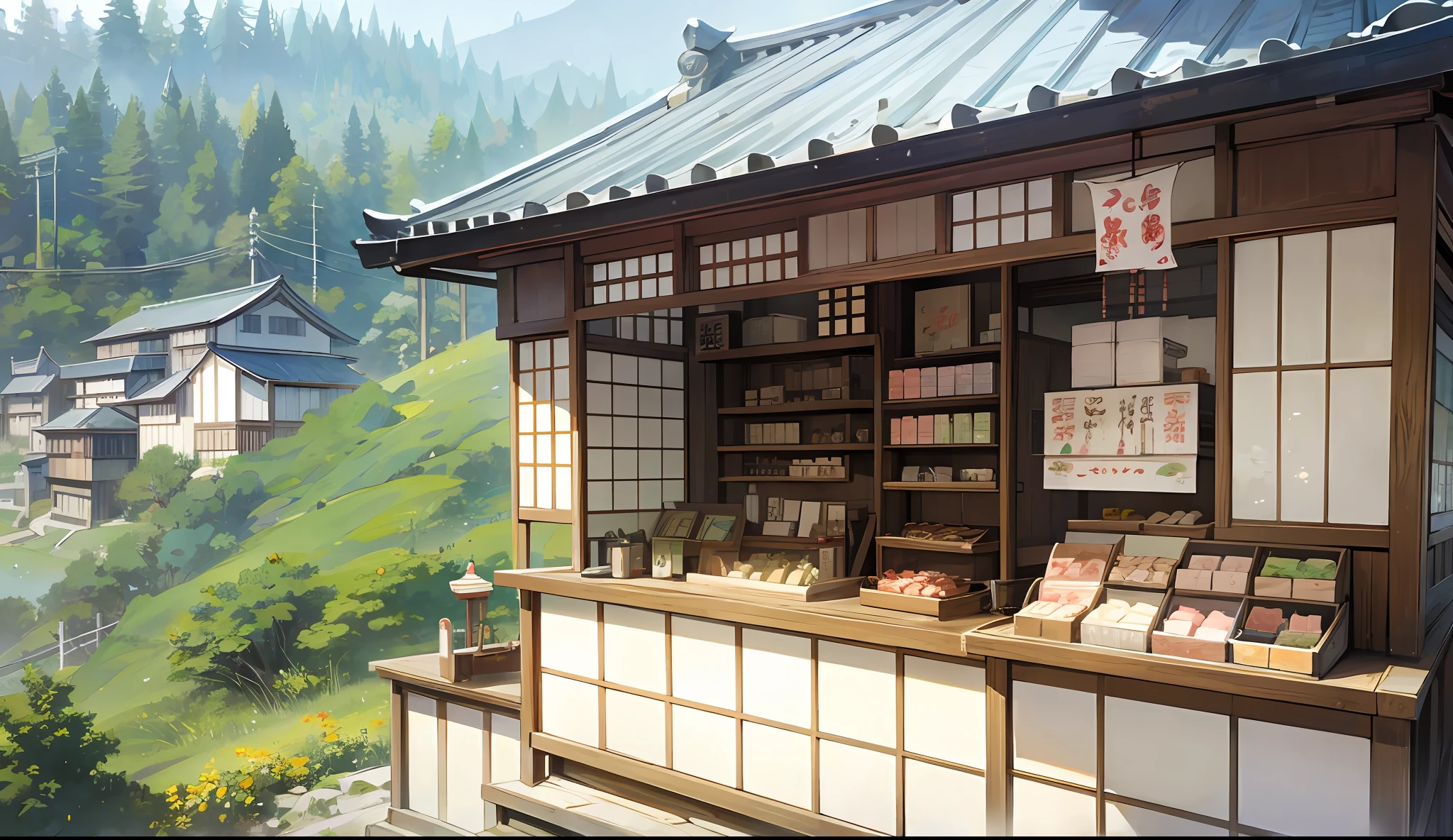 realistic photo of Small Japanese confectionery shop on the hillside --auto --s2