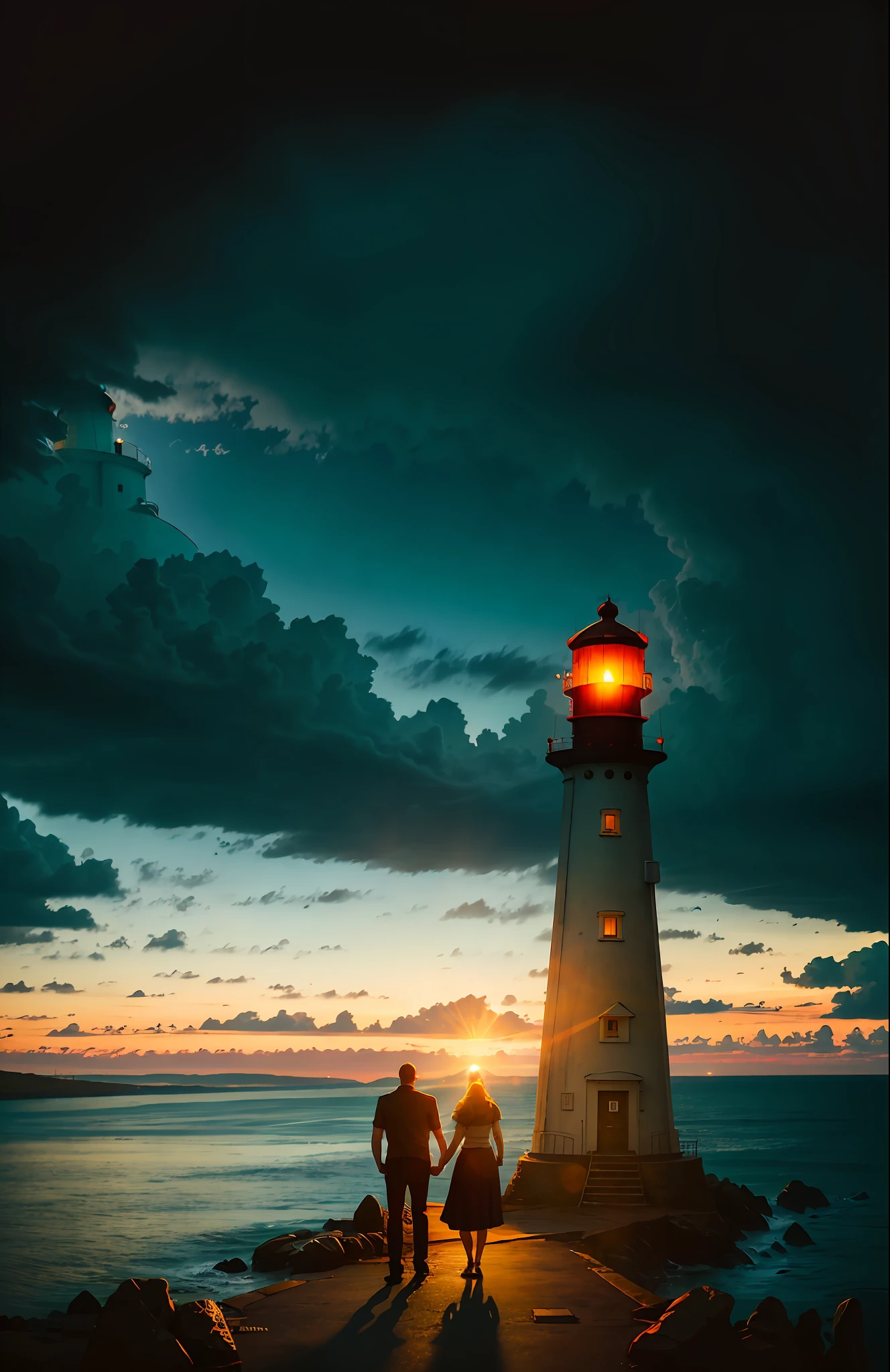 ((late afternoon)), ((sun)), ((lighthouse)) a couple watching hand in hand rather creepy black forest