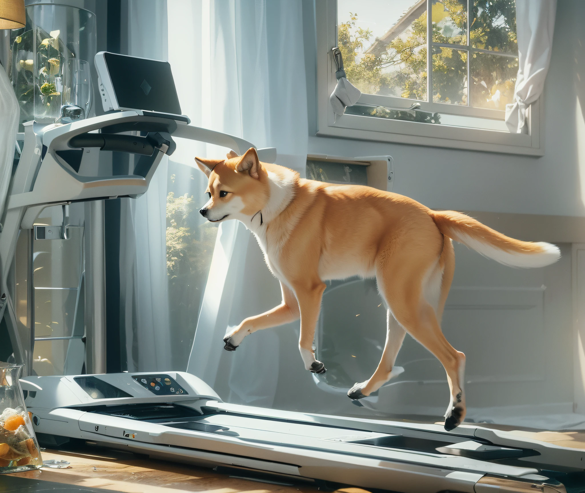Highest quality, outstanding detail, ultra high resolution, (fidelity: 1.4), best illustration, favor details, Tyndall effect of light through window, a Shiba Inu running on a treadmill, back, head not visible, Shiba Inu back, close-up, 8k, RAW photos, best image quality, masterpiece, realism