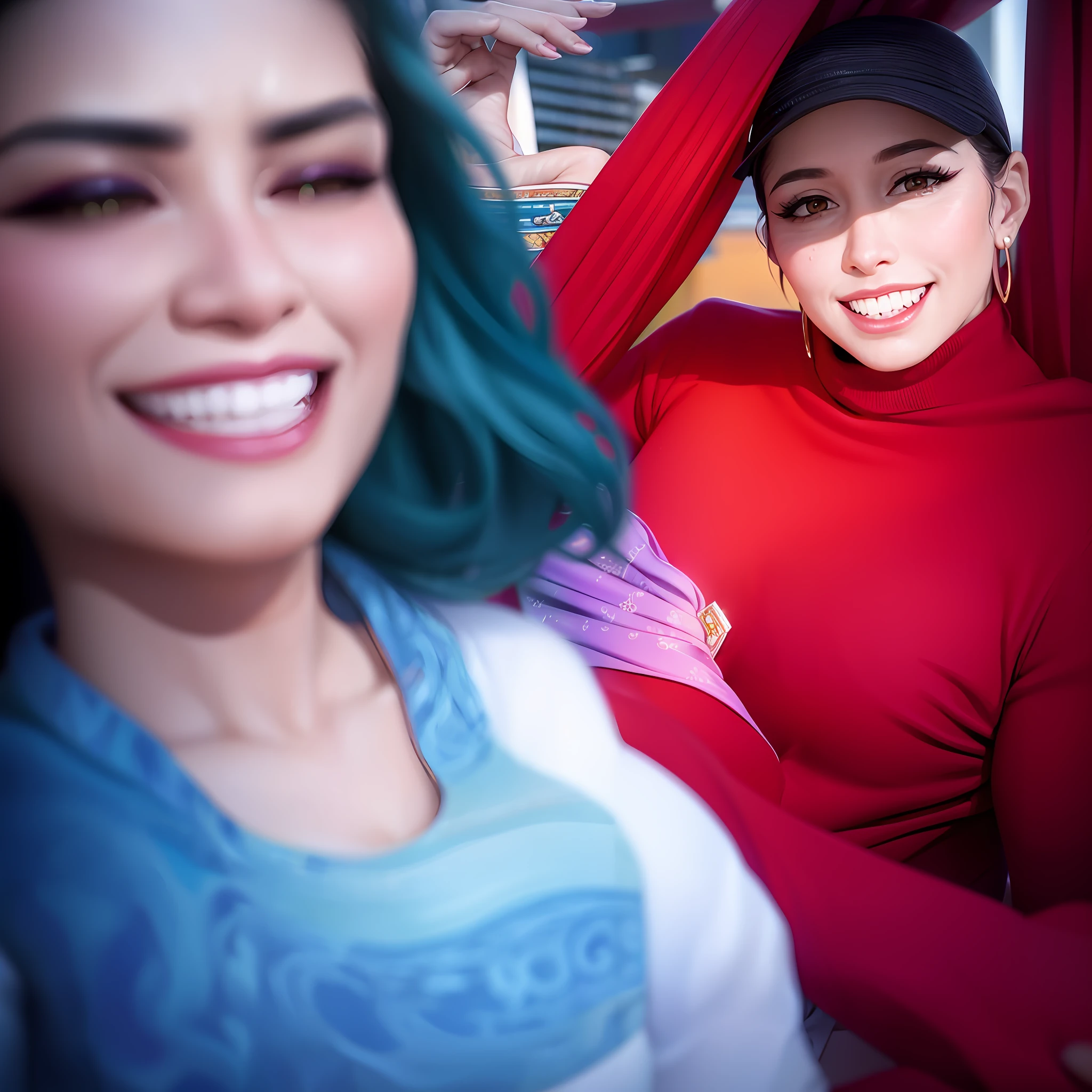 smiling woman sitting next to a man in a colorful shirt, 30-year-old woman from cuba, alanis guillen, karla ortiz, 8k selfie photograph, by reyna rochin, having a great time, profile image, beautiful surroundings, by Judith Gutierrez, by Carla Wyzgala, profile pic, by Nándor Katona