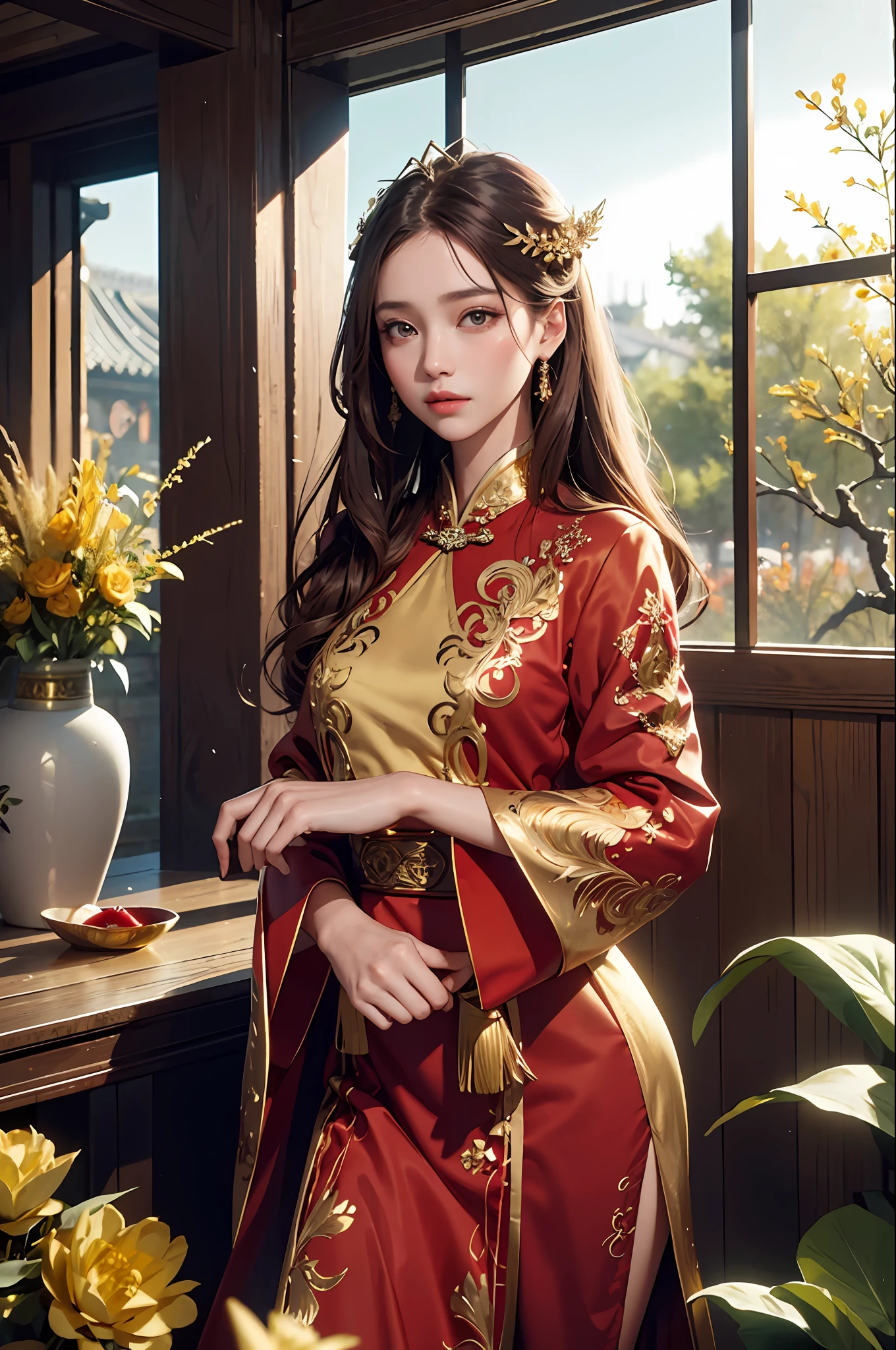 best quality, masterpiece, highres, (exquisite body:1.5),gorgeous face,(milky skin:1.3),intricate details,high resolution,wallpaper,
1girl, solo, dress, hair ornament, (((gold and red dress))), flowers, long hair, brown hair, closed mouth, jewelry, long sleeves, hand up, wide sleeves, big eyes,floating hair, chinese clothes, hanfu, embroidery, long skirt, natural pose, falling petals, indoor,fanning, lantern,
16K,HDR,highres,depth field,(film grain:1.1),boken,golden hour,(lens flare),vignette,rainbowing,(color grading:1.5)