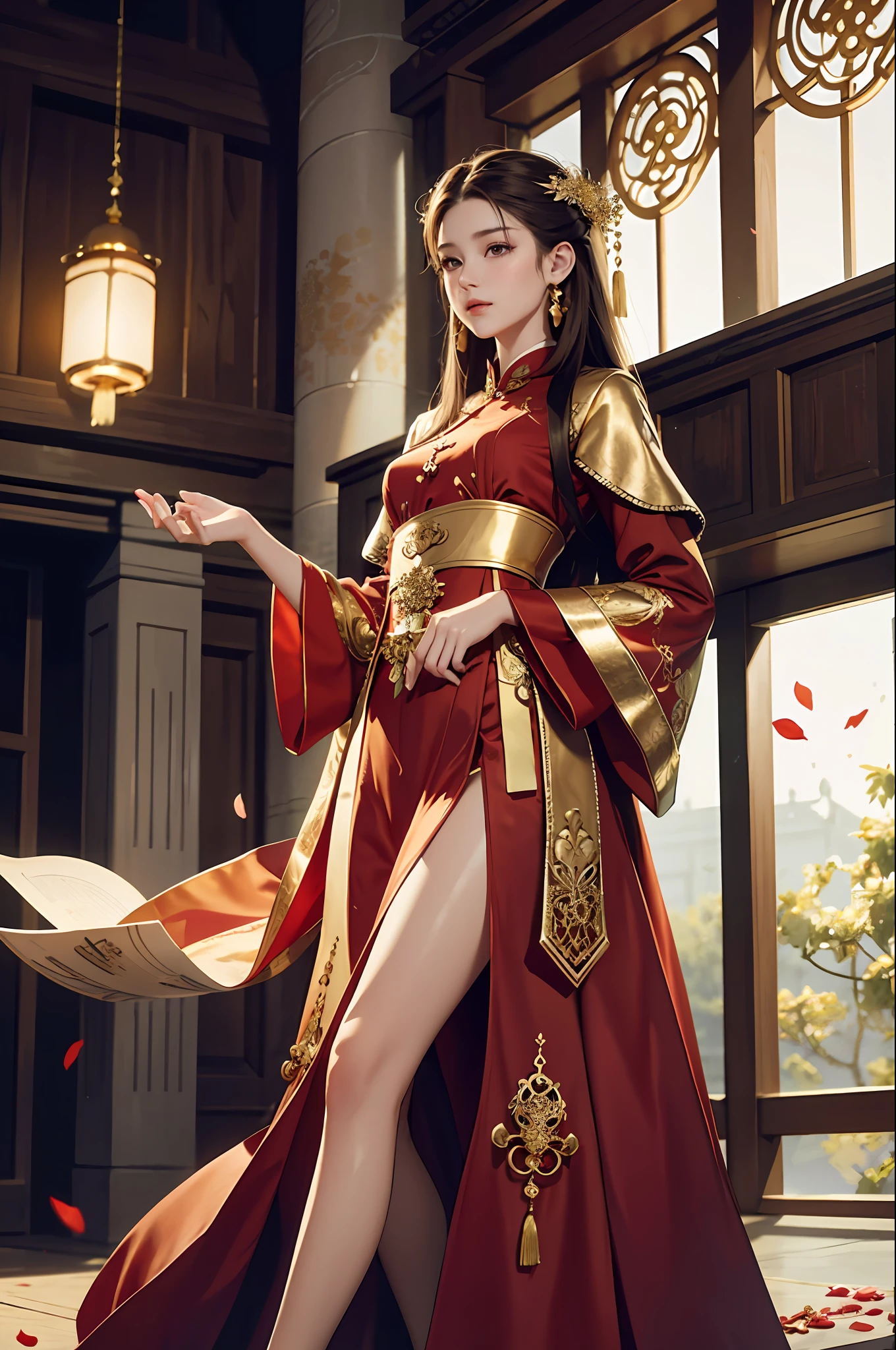 best quality, masterpiece, highres, (exquisite body:1.5),gorgeous face,(milky skin:1.3),intricate details,high resolution,wallpaper,
1girl, solo, dress, hair ornament, (((gold and red dress))), flowers, long hair, brown hair, closed mouth, jewelry, long sleeves, hand up, wide sleeves, big eyes,floating hair, chinese clothes, hanfu, embroidery, long skirt, natural pose, falling petals, indoor,fanning, lantern,
16K,HDR,highres,depth field,(film grain:1.1),boken,golden hour,(lens flare),vignette,rainbowing,(color grading:1.5)