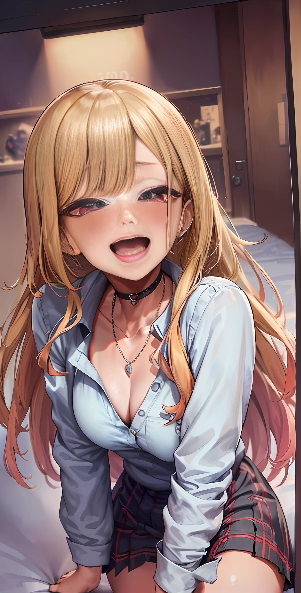 Masterpiece: 1.4), (Best Quality: 1.4), 8K, HD, Ultra Clear, 1Girl, (Big: 1.4), Long Blonde Hair, (Heart-Shaped Pupil: 1.3), Frightened: 1.3, (Laughing: 1.4), Skirt, (Looking Up), Bedroom at Night, Necklace, Messy Clothes, Shy, Bluch