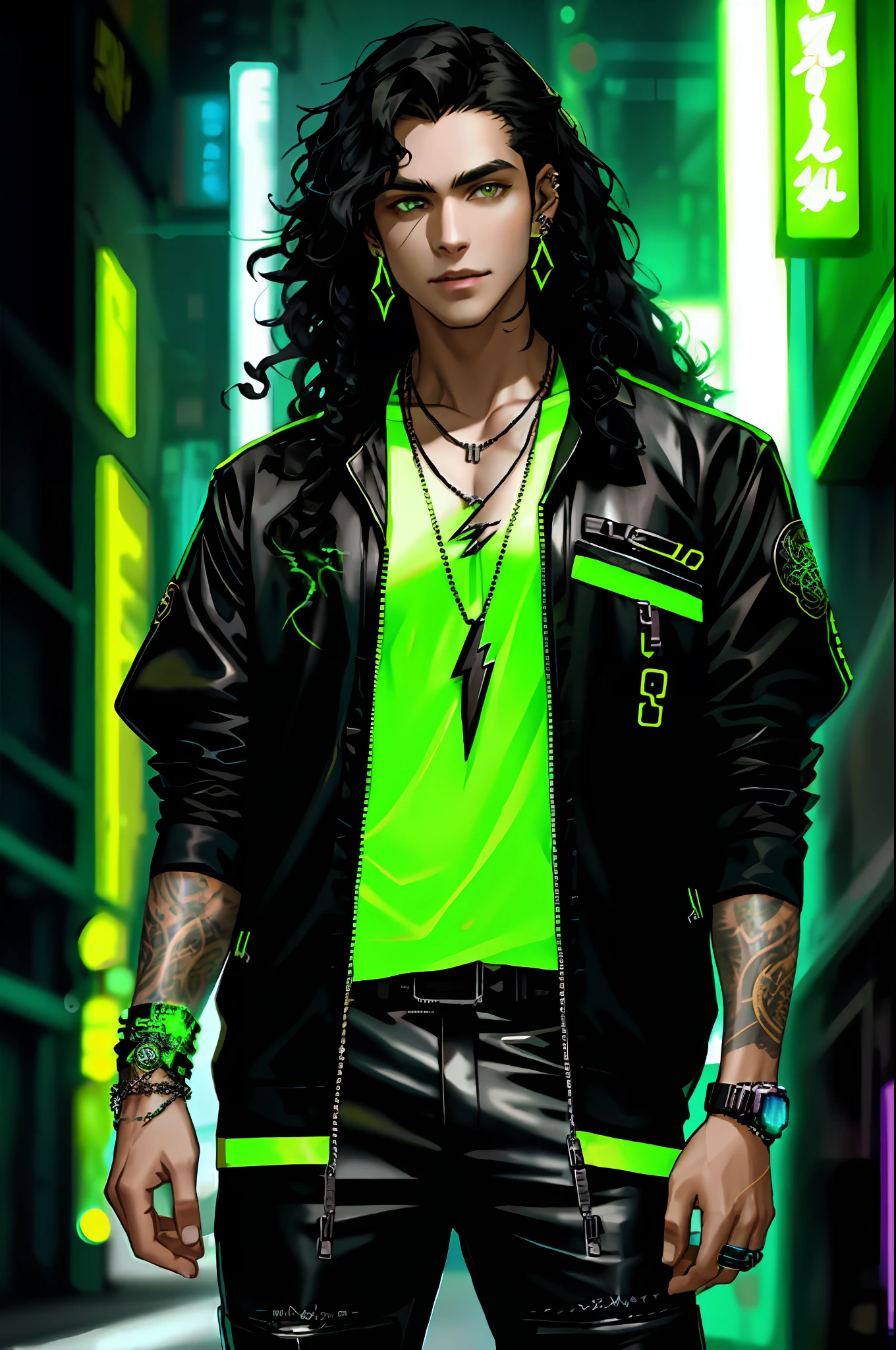 Cyberpunk male, long curly dark hair, black eyes, fantasy world, neon green stone necklace, black watch on wrist, black and yellow clothes, dragon symbol on shirt, earring with lightning pendant, black ring with strap,