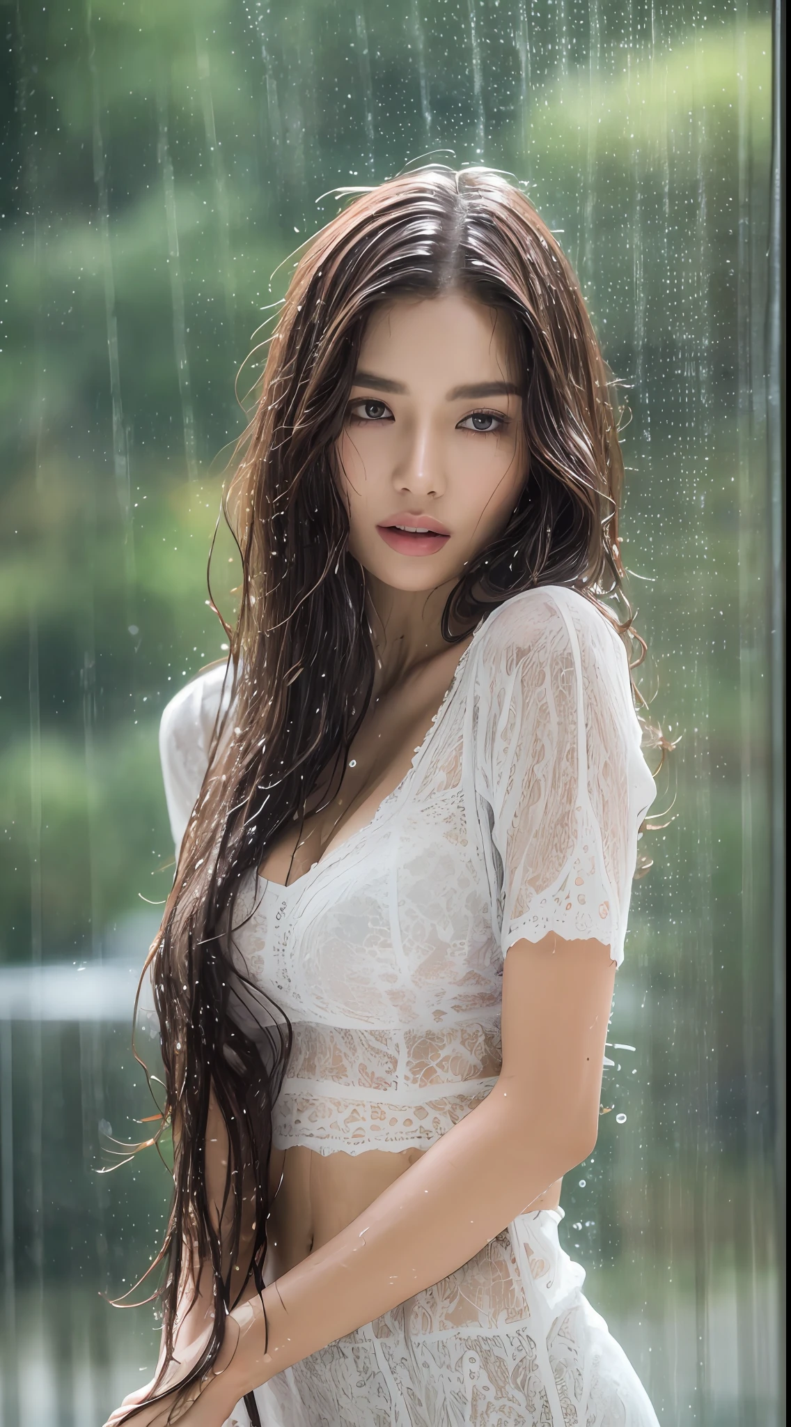 (Best quality, 4k, Masterpiece :1.3), pretty woman, 1girl, (breasts, skinny, gorgeous body :1.2), abs :1.1, dark brown hair: 1.1, (raining, rainy wet, wet body :1.2), ultra-detailed face, detailed lips, detailed eyes, double eyelid