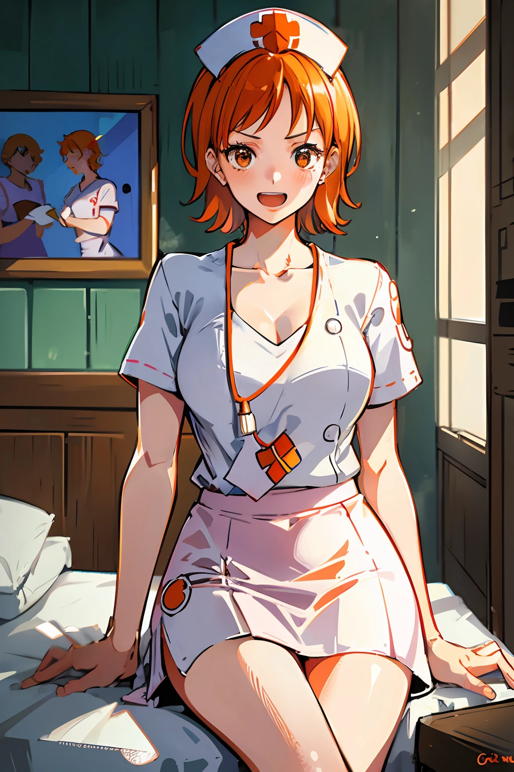 Nami (One Piece), Short Hair, 1 Girl, Orange Hair, Orange Eyes, Clavicle, Nurse, Bedroom, Ship, Skirt, Serious Look, White Nurse Clothes, Nurse, Nurse Cap, Open Mouth