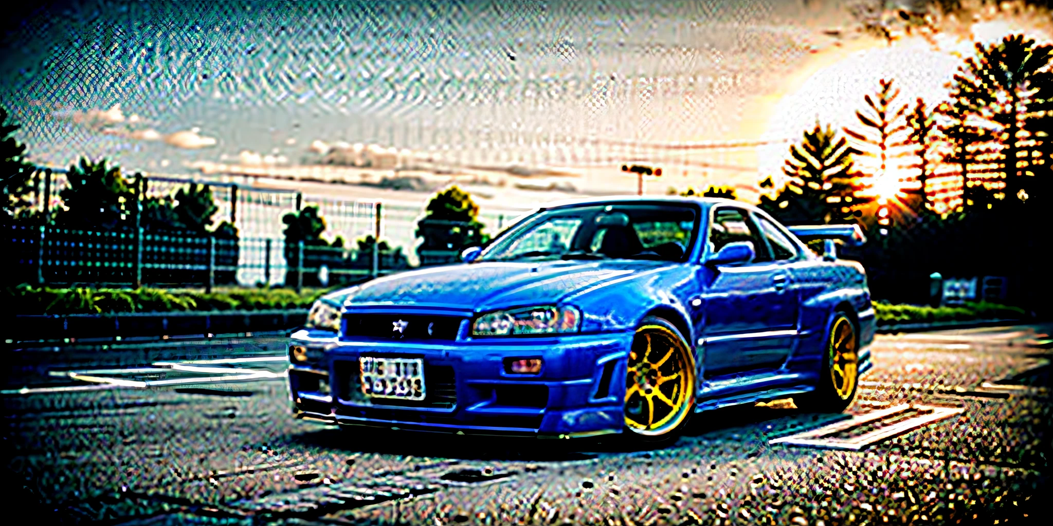 Ultra realistic image of a gtr skyline r34 car on a street with a city in the background with the sky with sunset