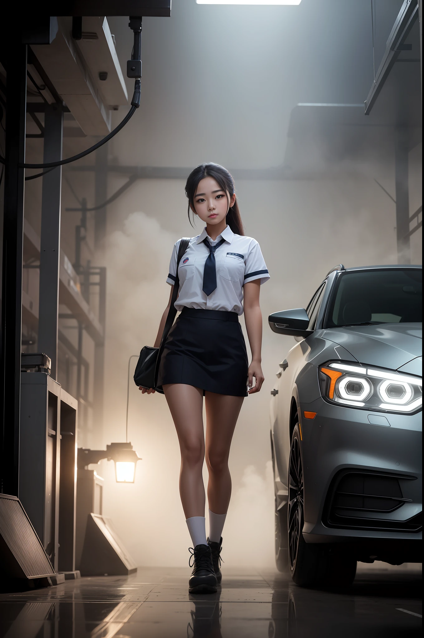 girls working in a factory, uniform, surrounded by mist and dust, dark, little lighting, 1girls, {{{{wide_shot}}}}, {{18 years old beautiful girl}}, {{kpop idols}}, korean mixed), illustration, digital art, (beautiful face:1.1), beautiful Korean, delicate features, including large, alm, best quality, {{{dynamic pose}}}, {{{car factory}}}, {{{complex background}}}