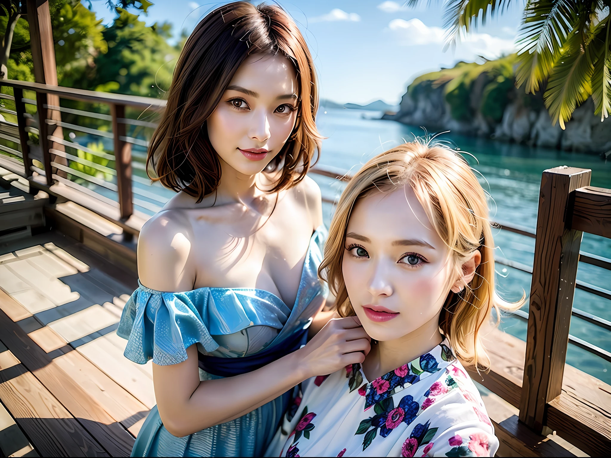 (8k, Best Quality, Masterpiece:1.2),(hair_style) ,(Realistic, Photorealistic:1.37), Best Quality, Masterpiece, Shot on a wooden deck with a view of the sky and sea in the summer sun, [Small breasts], Two models with a similar atmosphere, two people arranged in a well-balanced manner, high balance, backlight, camera angle from below, Hands over the ears, Shot in natural light from morning to noon, Hairstyle and fashion style according to the trend of Japan in 2023, realistic, lifelike, super detailed, beautiful face, 30s, actress, Japan and half Russian model, elaborate CG, slender, cute, adult, hairstyle is two long models and bob models according to the Japan fashion of 2023, hair fluttering in the wind, delicate skin type, The fine details and softness of the hair, the model's hair color is slightly bright and soft, the glossy makeup, fashion style is a cheerful impression with unexposed surf fashion that matches the summer trend of 2023