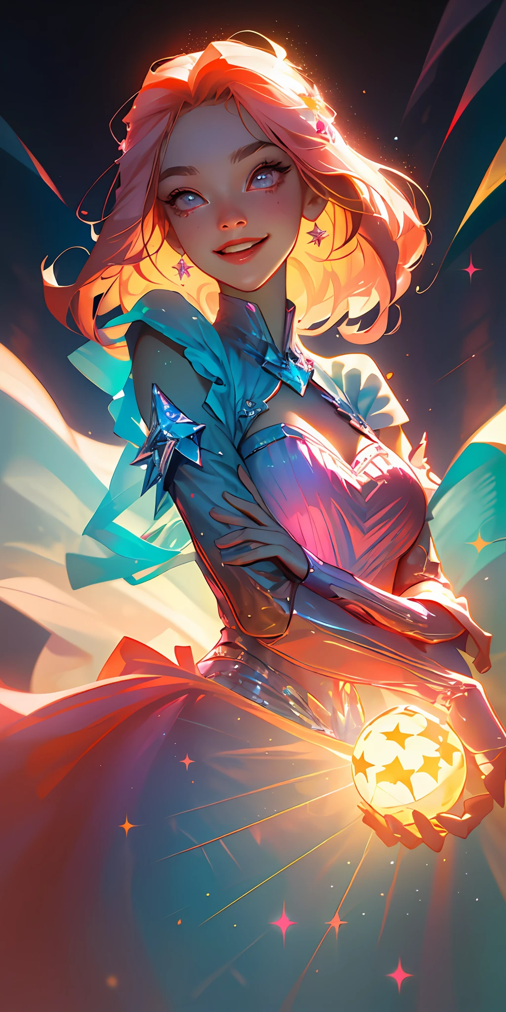 (Best quality, masterpiece), super high resolution, fluorescent color,
1 girl, looking at the audience, beautiful face, smiling eyes, upper body, shiny hair, shiny skin, glowing pink starlight dress, particles