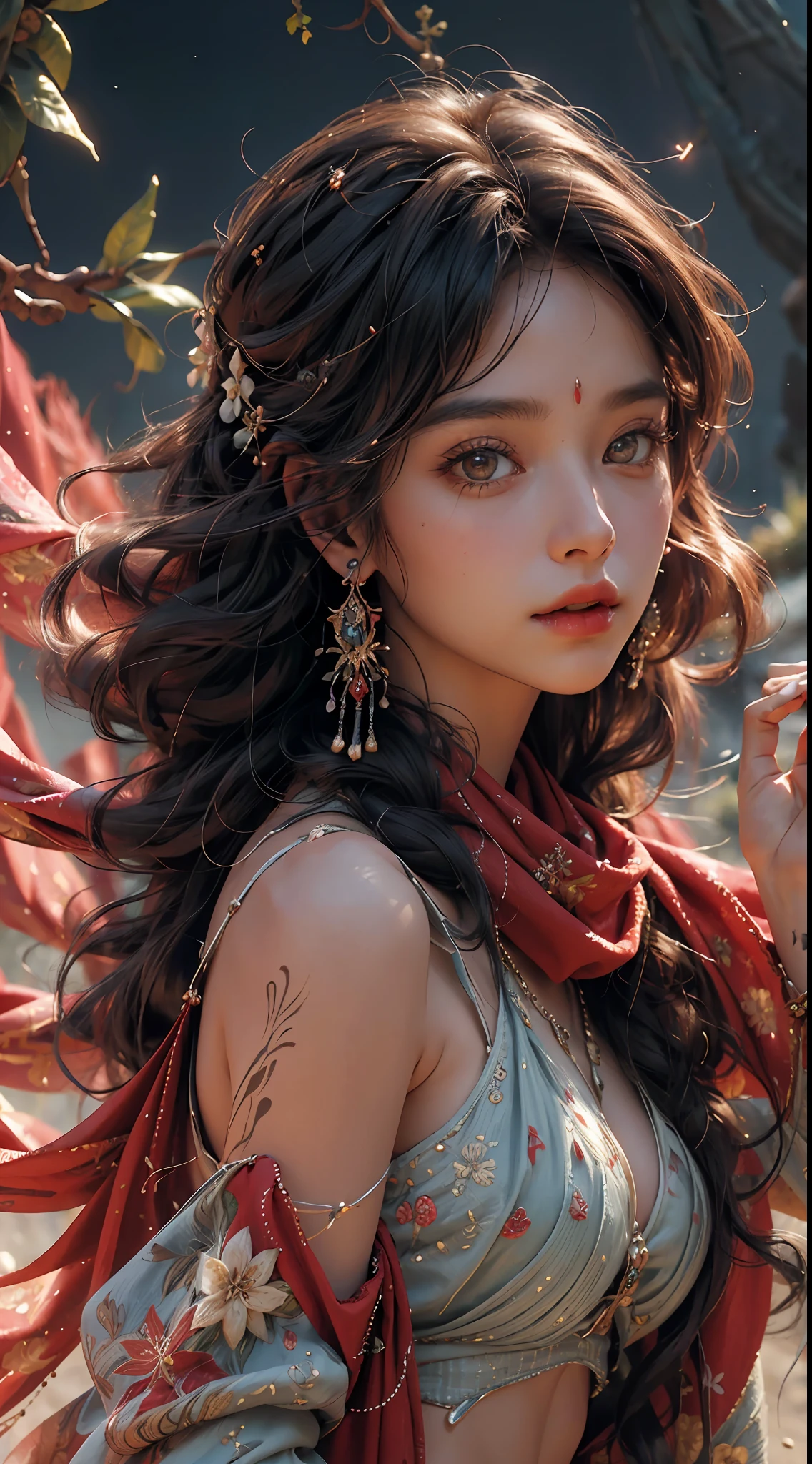 (RAW Photo, Best Quality), (Realistic, Photo Realistic: 1.3), Best Quality, Highly Detailed, Masterpiece, Ultra Detailed, Illustration, 1 Girl, upper_body, Dynamic Angle, World Mastery Theater, messy_long_hair, Best Quality, Extremely Detailed CG Uniform 8k Wallpaper, Ink, Amazing, Cinematic Lighting, lens_flare, gufeng_style, Fantastic Big Eyes, Exotic Style, Desert, (Seductive Expression: 1.2), (Veil on Face: 1.2), Flowers, Weapons, Floating Up Scarves, Sony Master Shot