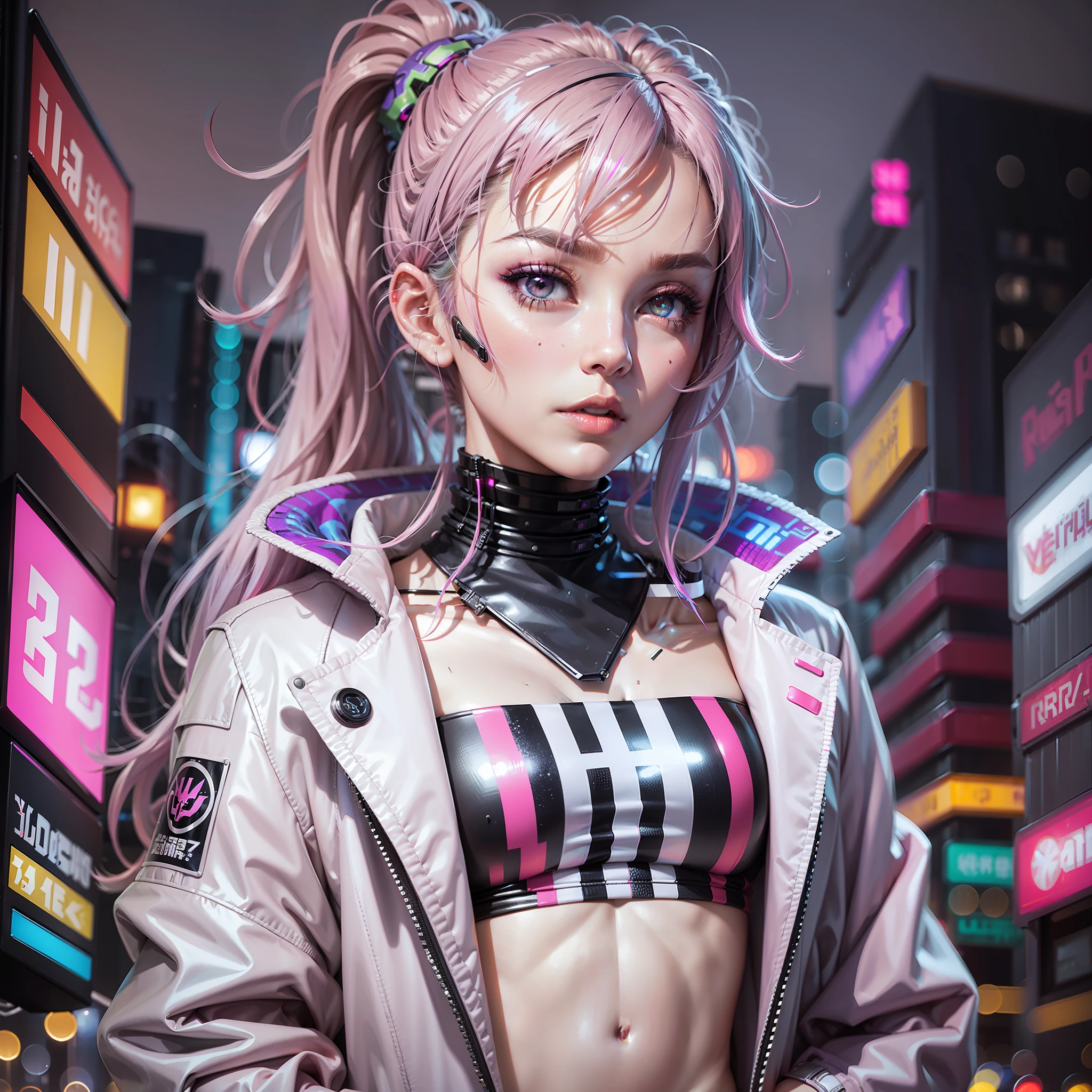 lucy \(cyberpunk\), 1girl, hair scrunchie, hime cut, silver hair, colored tips, full moon, grey eyes, jacket, long sleeves, looking at viewer, medium hair, multicolored hair, parted bangs, parted lips, pink hair, portrait, red eyeliner, red lips, solo, white jacket, cyberpunk \(series\), rainy night in a cyberpunk city with glowing neon lights