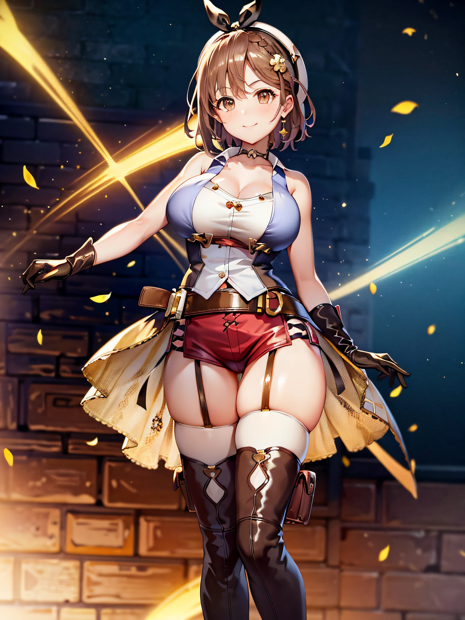 (masterpiece)), ((best quality)), (ultra-detailed), ((kawaii)), cute, (lovely), ((extremely detailed)), 4K, (8K), best quality, (beautiful),(((world-class quality))), extremely detailed, high resolution, (detailed shaded pretty face), full body, teenage, solo, (((sagging breasts))), 1stDefault, First Clothing, bare thighs. red shorts, white and light blue sleeveless shirt, open yellow jacket, garter straps, thigh boots, leather belt, smile