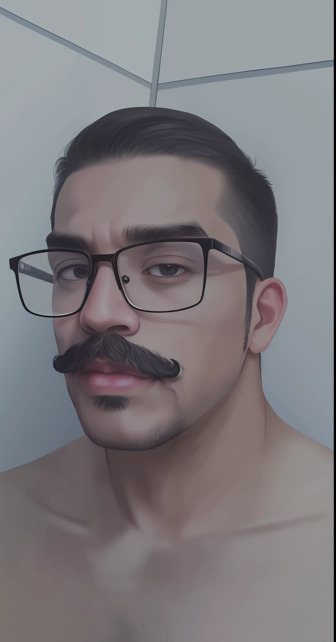 There's a man with glasses and mustache in a bathroom, eyebrow, low-quality photography, with mustache, natural mustache, with nerdy glasses and goatee, lips parted, lips very full, mustache, no mustache, with glasses and goatee, Mexican mustache, full lips
