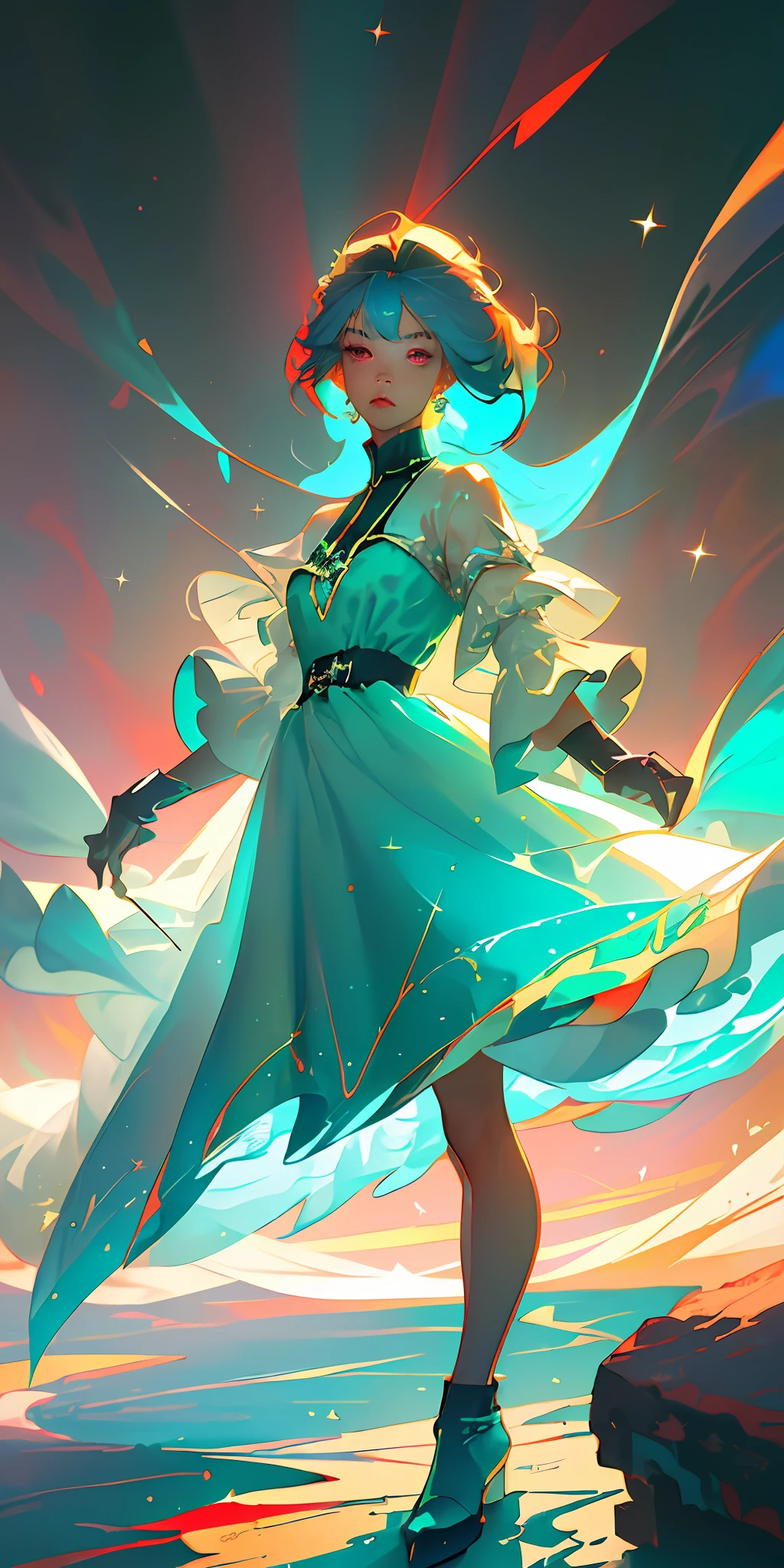 (Best quality, masterpiece), super high resolution, fluorescent color,
((messy hairstyle)), standing for photos, (((turquoise hair)), red eyes, soft shirt, silver starlight dress, particles