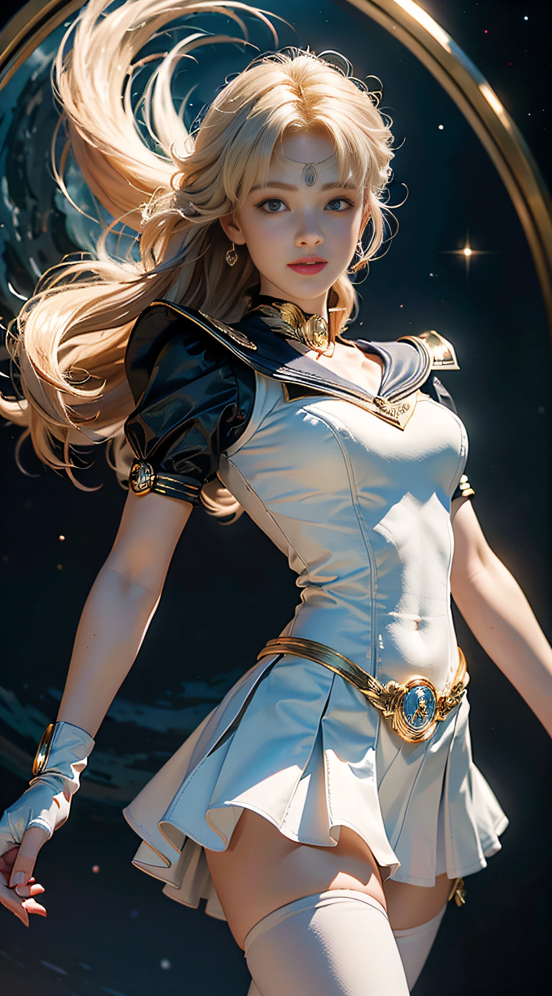 (Extreme detail CG Unity 8K wallpaper, masterpiece, highest quality), (exquisite lighting and shadow, highly dramatic picture, cinematic lens effect), (Sailor Moon: 1.1), charming smile, double tail, blue eyes, blond hair, tight top, white gloves, mini skirt, dynamic pose), the background is the universe (excellent detail, excellent lighting, wide angle), (excellent rendering, enough to stand out in its class),