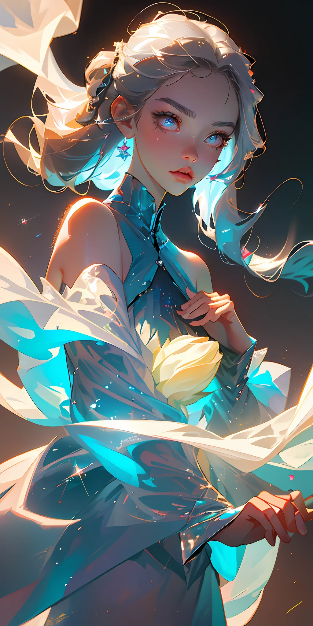 (Best quality, masterpiece), super high resolution, fluorescent color,
1 girl, looking at the audience, beautiful face, beautiful eyes, (off-the-shoulder: 1.2), head up, upper body, shiny hair, shiny skin, glowing wind, finger proportional coordination, silver starlight dress, particles