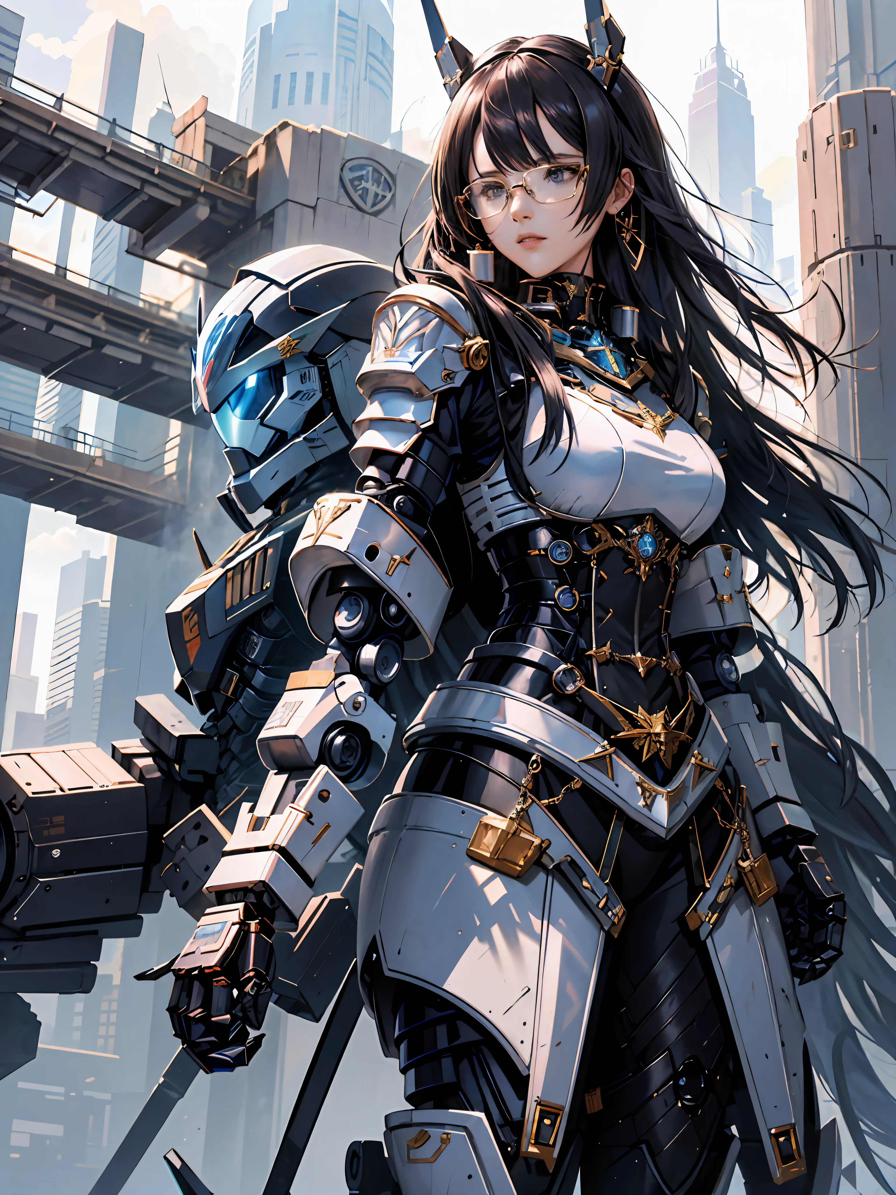 (Bezel-less glasses), (Black long straight), (Mecha), (Behind stands a superstar robot), (Tall royal sister), (Secretary temperament), (Mysterious and indifferent)