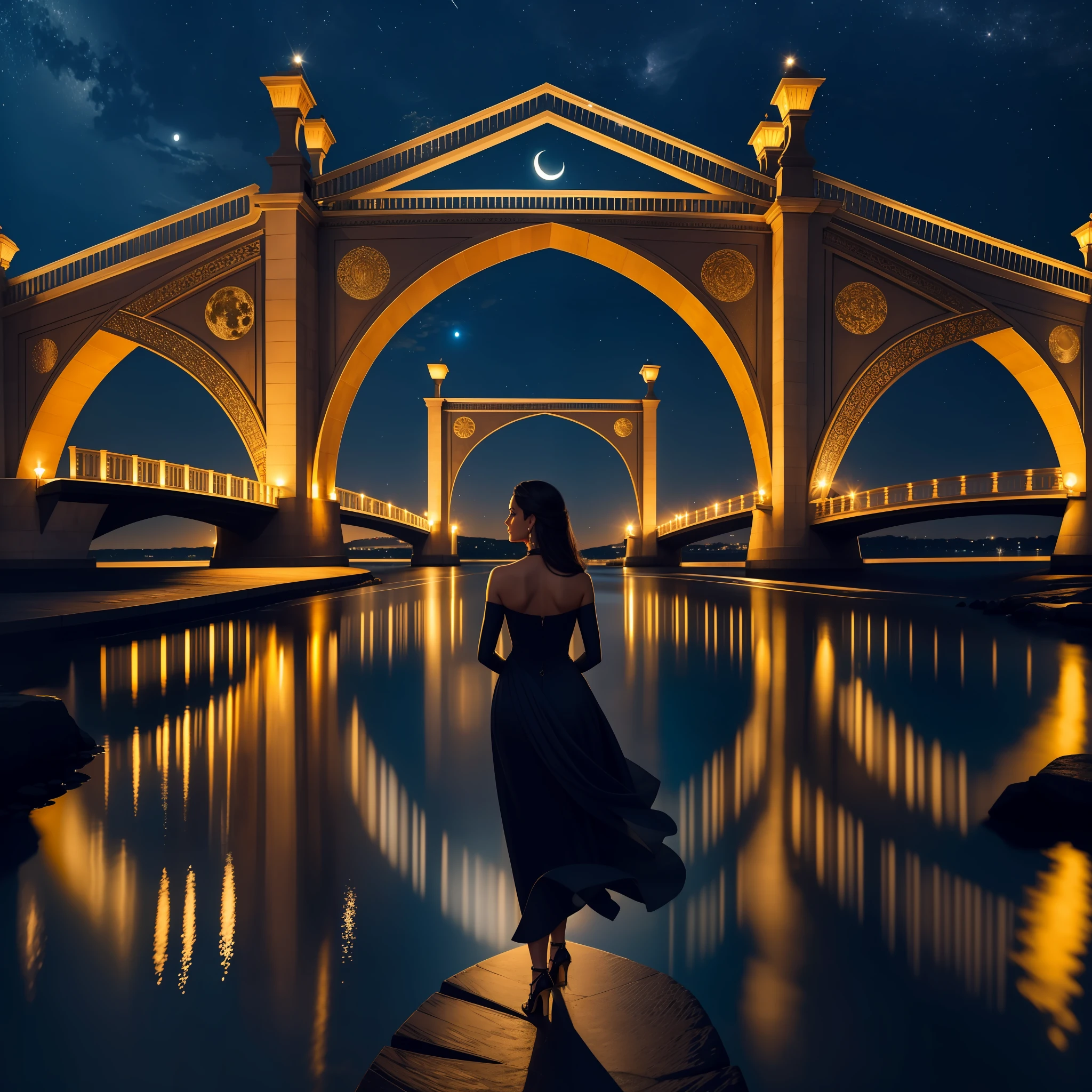 Best quality, 4K, masterpiece, a woman is standing in front of a magnificent illuminated bridge, which stretches over a tranquil river. The bridge is a work of stunning architecture, with intricate details and bright lights that enhance its nocturnal beauty. The soft lighting enhances the graceful curves of the bridge and creates a romantic atmosphere. In the background, the night sky is dotted with twinkling stars and a full moon, adding a touch of magic to the scene. The moonlight reflects gently on the calm surface of the river, creating a soft glow and reflecting the mysterious aura of the night. The woman stares at the camera with expressive eyes and a faint smile on her lips. His expression conveys a mixture of mystery, confidence and charm. His eyes sparkle with a captivating glint, capturing the viewer's attention. The composition of the photograph is carefully balanced, with the woman positioned in such a way as to highlight her elegant figure in contrast to the stunning scenery. The contrast between the illuminated figure and the nocturnal environment creates a sense of prominence and prominence.
