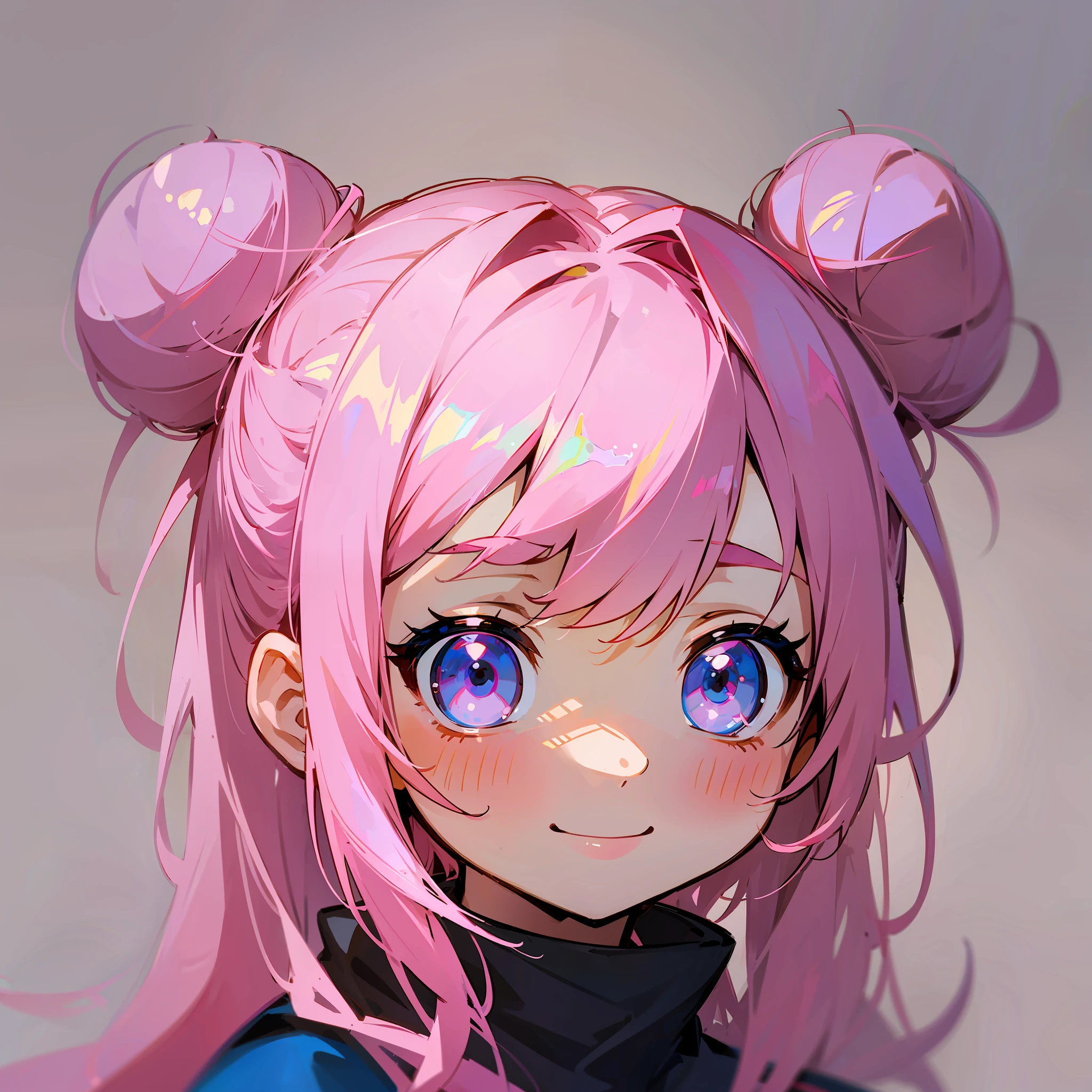 (best quality: 0.8), (best quality: 0.8), perfect anime illustration, pink hair, simple dash on the face, only the face, two bun in the hair, smile, Chibi details --auto --s2