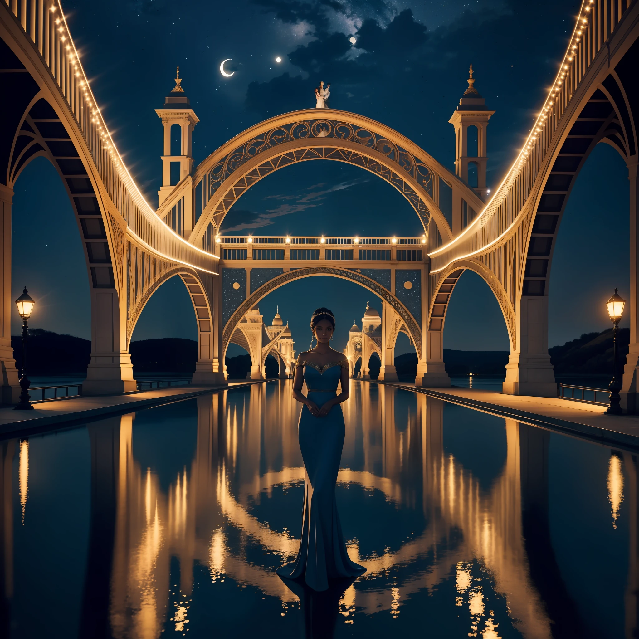 Best quality, 4K, masterpiece, a woman is standing in front of a magnificent illuminated bridge, which stretches over a tranquil river. The bridge is a work of stunning architecture, with intricate details and bright lights that enhance its nocturnal beauty. The soft lighting enhances the graceful curves of the bridge and creates a romantic atmosphere. In the background, the night sky is dotted with twinkling stars and a full moon, adding a touch of magic to the scene. The moonlight reflects gently on the calm surface of the river, creating a soft glow and reflecting the mysterious aura of the night. The woman stares at the camera with expressive eyes and a faint smile on her lips. His expression conveys a mixture of mystery, confidence and charm. His eyes sparkle with a captivating glint, capturing the viewer's attention. The composition of the photograph is carefully balanced, with the woman positioned in such a way as to highlight her elegant figure in contrast to the stunning scenery. The contrast between the illuminated figure and the nocturnal environment creates a sense of prominence and prominence.