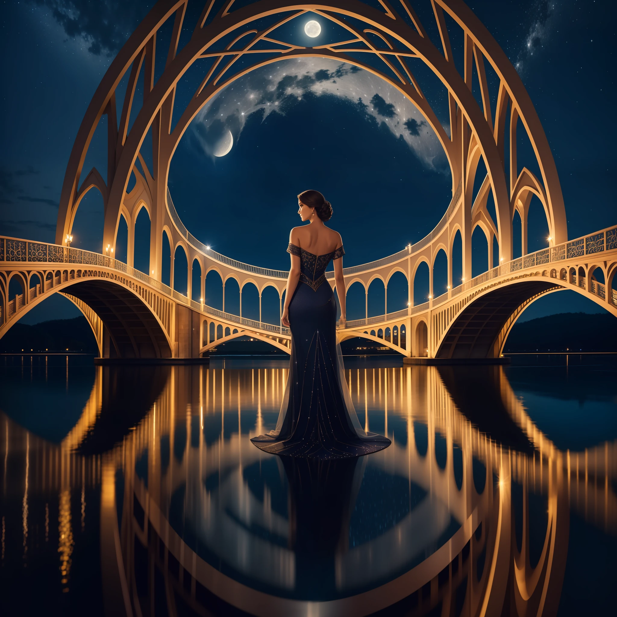 Best quality, 4K, masterpiece, a woman is standing in front of a magnificent illuminated bridge, which stretches over a tranquil river. The bridge is a work of stunning architecture, with intricate details and bright lights that enhance its nocturnal beauty. The soft lighting enhances the graceful curves of the bridge and creates a romantic atmosphere. In the background, the night sky is dotted with twinkling stars and a full moon, adding a touch of magic to the scene. The moonlight reflects gently on the calm surface of the river, creating a soft glow and reflecting the mysterious aura of the night. The woman stares at the camera with expressive eyes and a faint smile on her lips. His expression conveys a mixture of mystery, confidence and charm. His eyes sparkle with a captivating glint, capturing the viewer's attention. The composition of the photograph is carefully balanced, with the woman positioned in such a way as to highlight her elegant figure in contrast to the stunning scenery. The contrast between the illuminated figure and the nocturnal environment creates a sense of prominence and prominence.