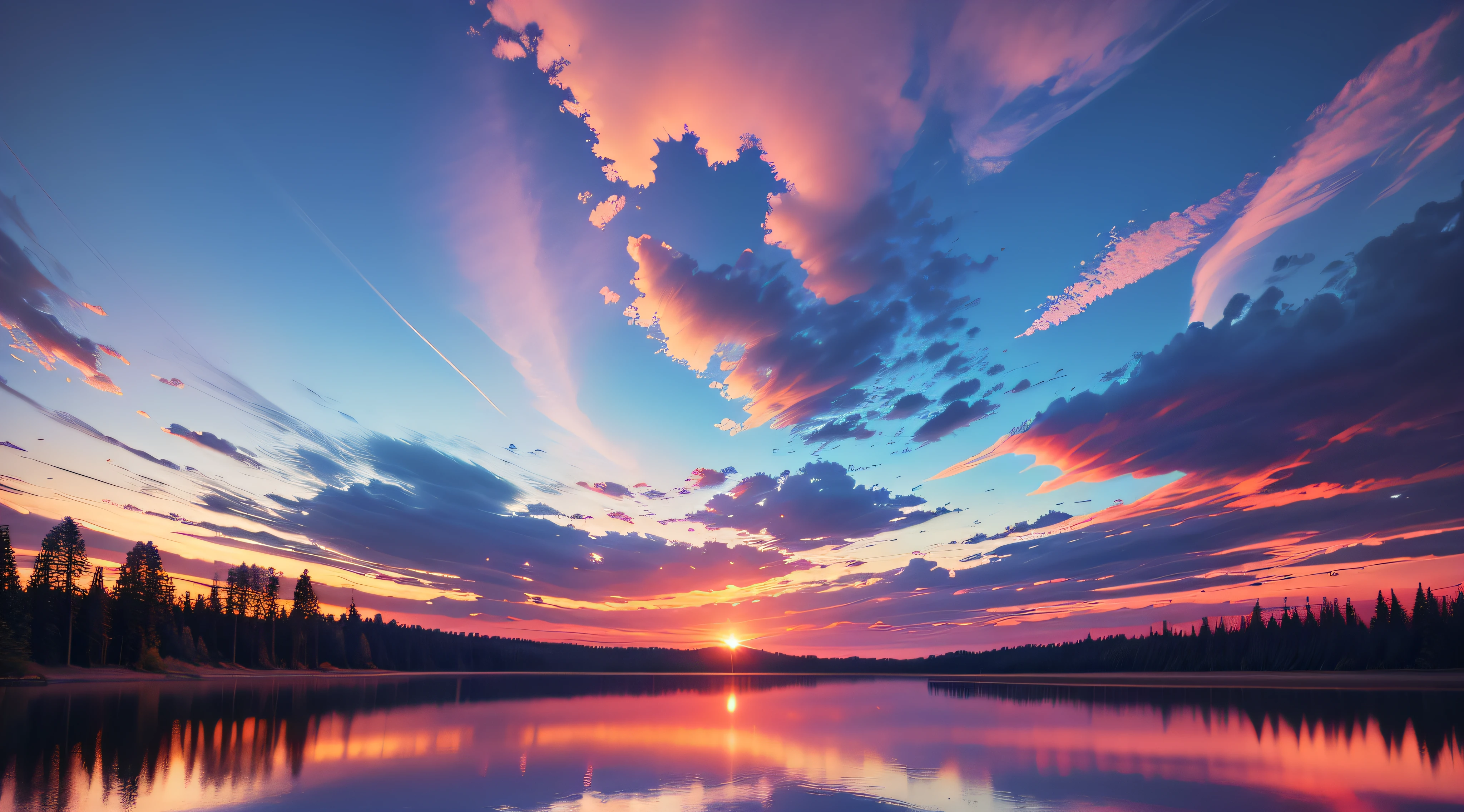 there is a beautiful sunset with a lake and trees in the background, colorful skies, surreal colors, colorful sunset, colorful sky, marvellous reflection of the sky, stunning sky, dream like atmosphere 8k, colorful clouds, colors reflecting on lake, surreal sky, red and blue reflections, fire reflection, beautiful sky, beautiful and spectacular dusk, beautiful dreamy landscape, amazing sky --auto --s2