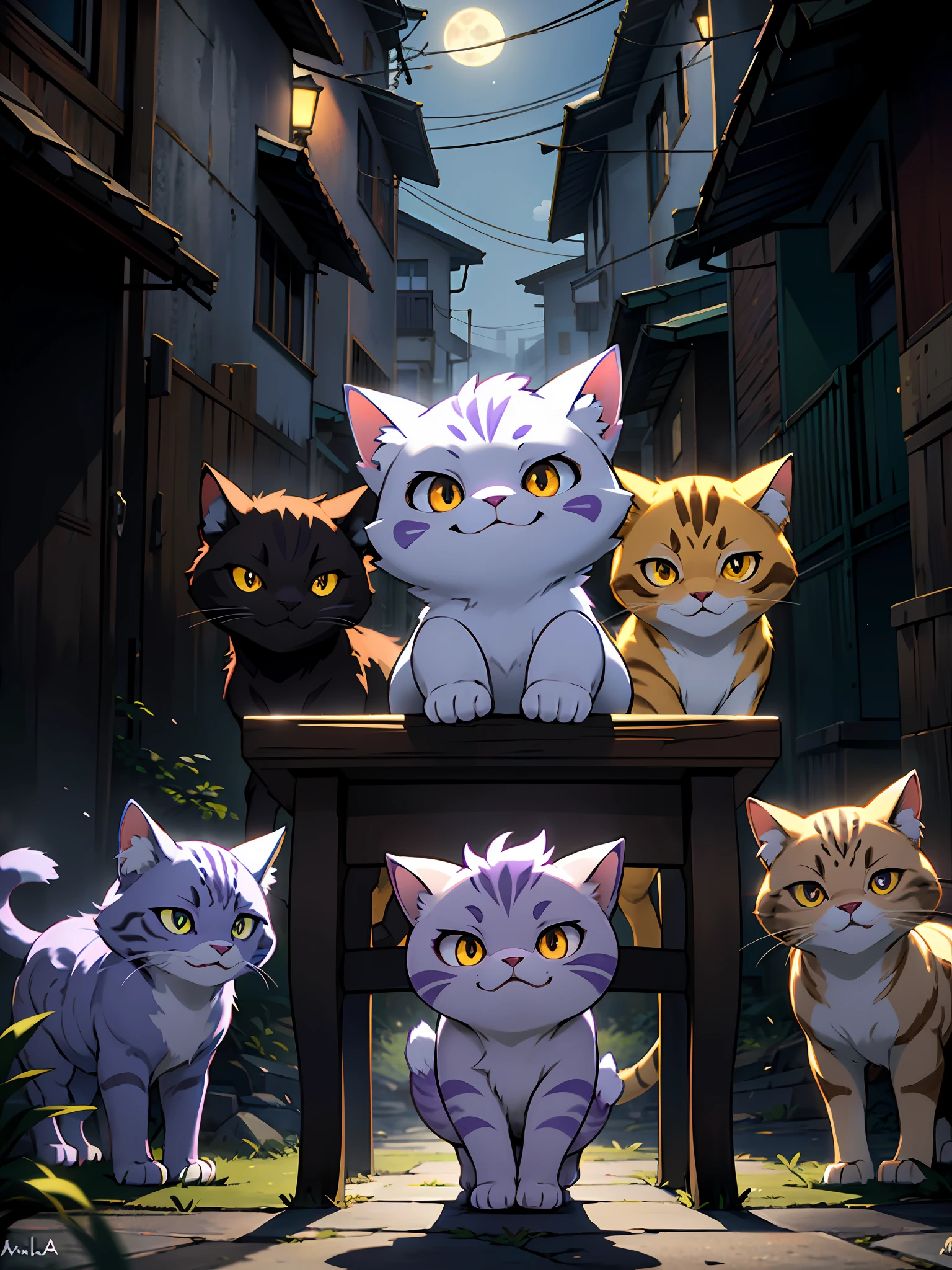 A flat-faced white, brown, and purple cat-like Pokémon with a mischievous smile and psychic magic emanating from its glowing yellow eyes, as if it is plotting its next sinister move. Its graceful fur glows in the moonlight as it lurks through a deserted alley, silent except for a faint purr.