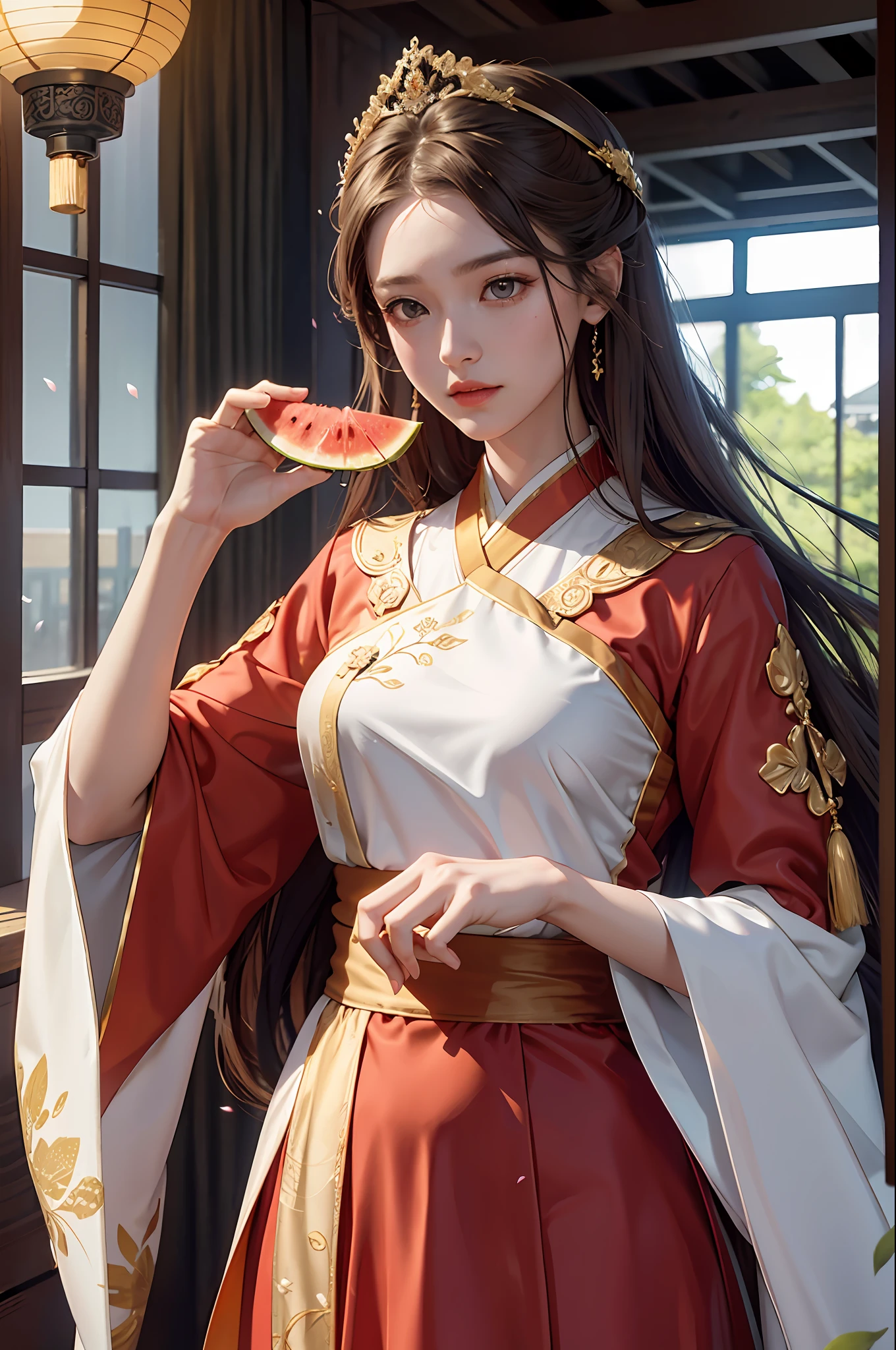 Superb Quality, Masterpiece, High Resolution, (Exquisite Body: 1.5), Stunning Beauty, (Milky Skin: 1.3), Exquisite Details, High Resolution, Wallpaper, 1 Woman, Solo, Dress, Hair Accessories, (((Golden Red Dress)) ), Flower, Long Hair, Brown Hair, Shut Up, Accessories, Long Sleeves, Raised Hand, Wide Sleeves, Big Eyes, Flowing Hair, Hanfu, Hanfu, Embroidery, Long Skirt, Natural Pose, Holding Watermelon and Looking at Falling Petals, Indoor, Fanning, Lantern, 16K, HDR, High Resolution, Depth of Field, (Film Grae: 1.1), Bocon, Primetime, (Lens Glow), Vignette, Rainbow, (Color Grading: 1.5)