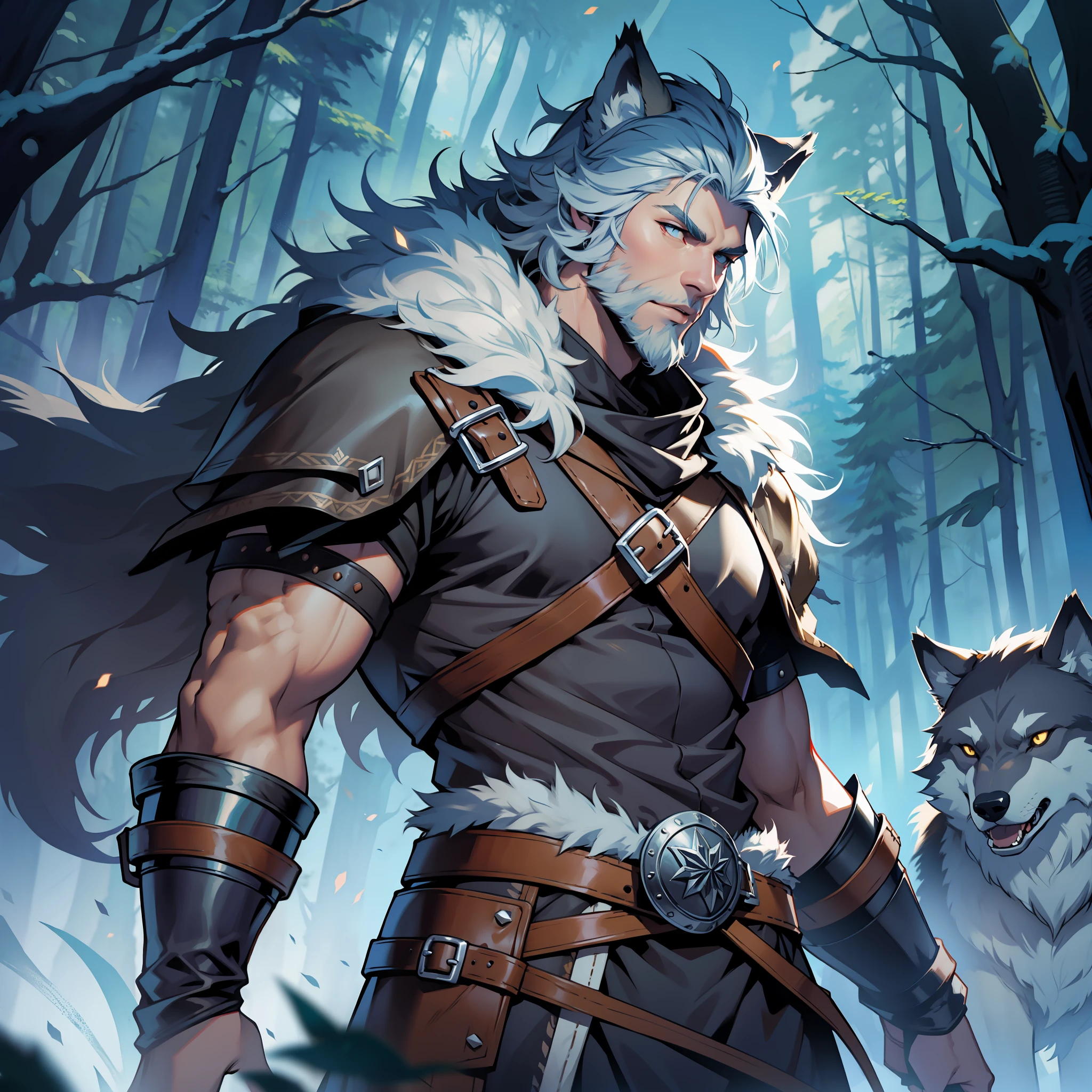 Druid character man wearing wolf skin, wearing a leather Viking armor, dark short hair