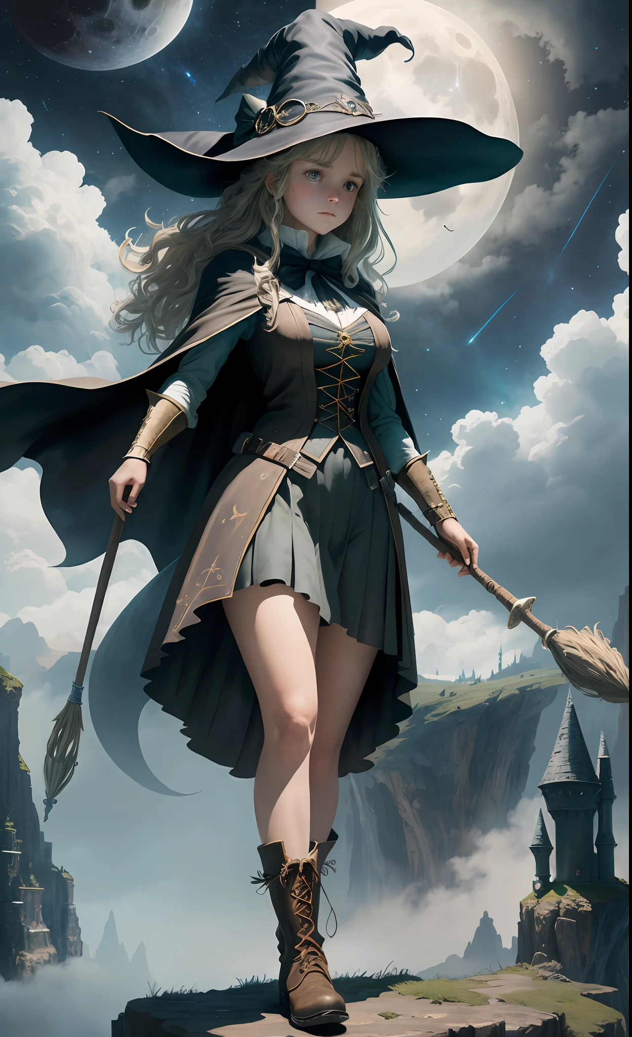 masterpiece, best quality, ultra-detailed, illustration, witch hermione, solo, fantasy, flight, broom, night sky, outdoors, magic, spells, moon, stars, clouds, wind, hair, large breasts, sculptural body, cape, hat, boots, broomstick, intense mist, shining, mysterious, charming, capricious, playful, adventurer, freedom, wonder, imagination, determination, skill, speed, movement, energy, realism, naturalistic, figurative, representational, beauty, fantasy culture, mythology, fairy tales, folklore, legends, witches, wizards, magical creatures, fantasy worlds, composition, scale, foreground, middle ground, background, perspective, diffused light, color, texture, intricate details, 8k