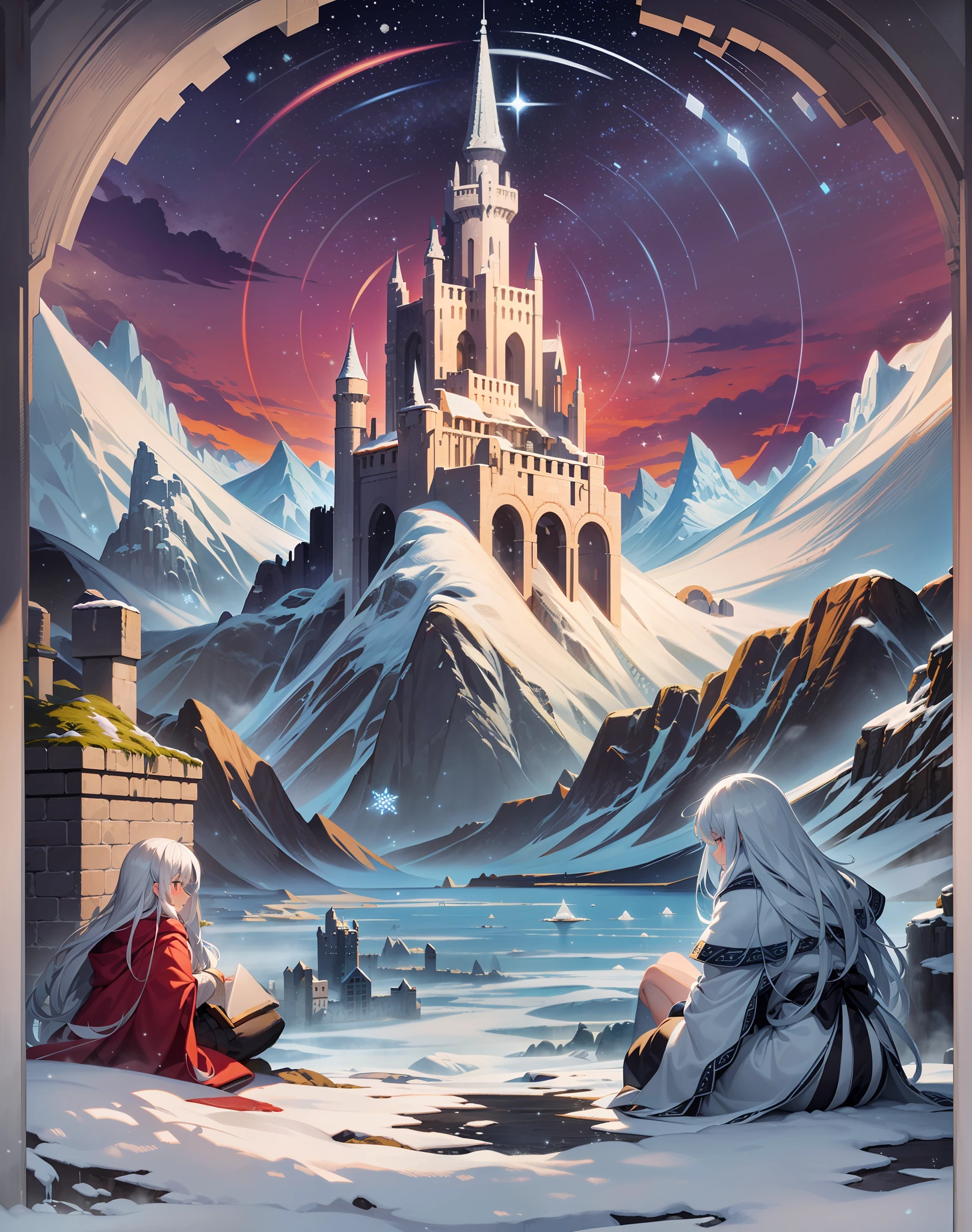 ((pixel, pixel art)), center composition, pixel art, ((girl in the snow, silver eyes, long white hair, robe, (chanting magic))), (falling snowflakes), (broken ruins or castles), rendering effects, night, ((moon)), moonlight, (starry river), dim light, cool tones, snowy mountains and ice, mountains made of icebergs, icebergs in the distance, icebergs in the background, dark blue background, (depth of field), distance fog, mountains stretching in the distance,