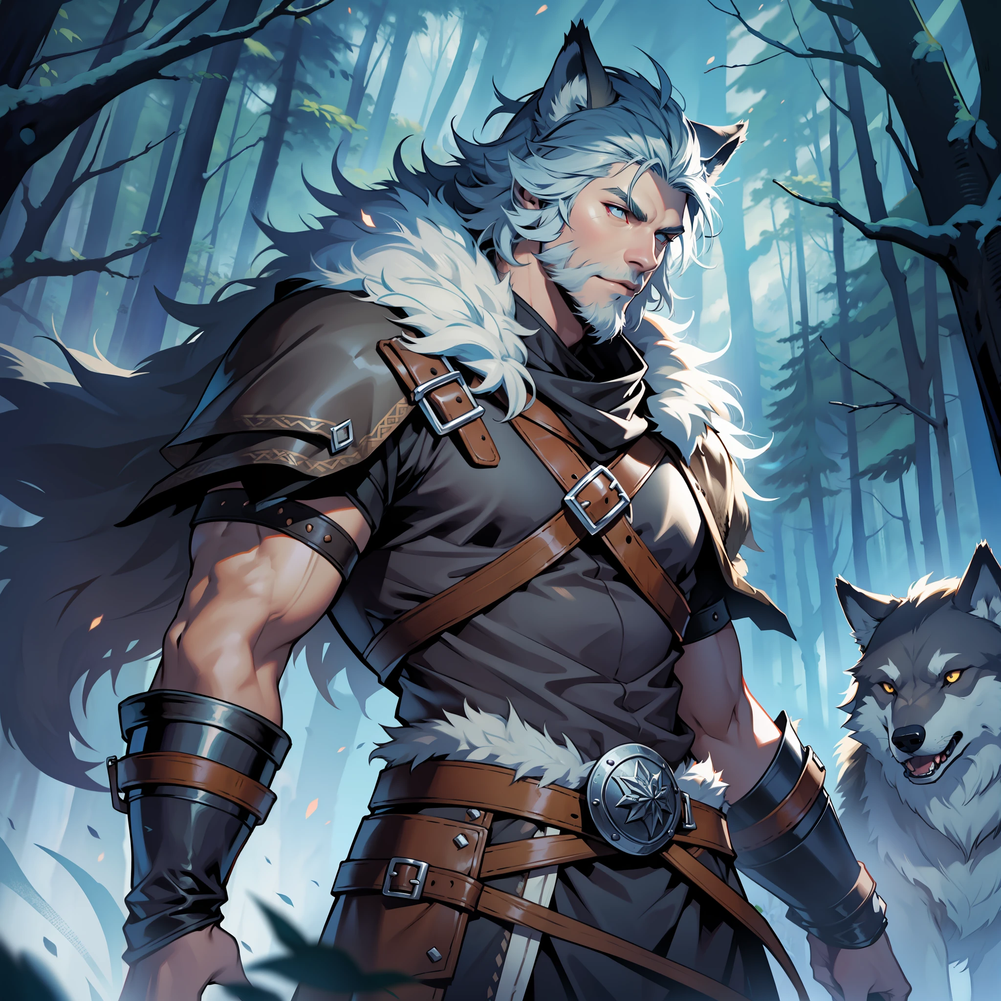 Druid character man wearing wolf skin, wearing a leather Viking armor, dark short hair