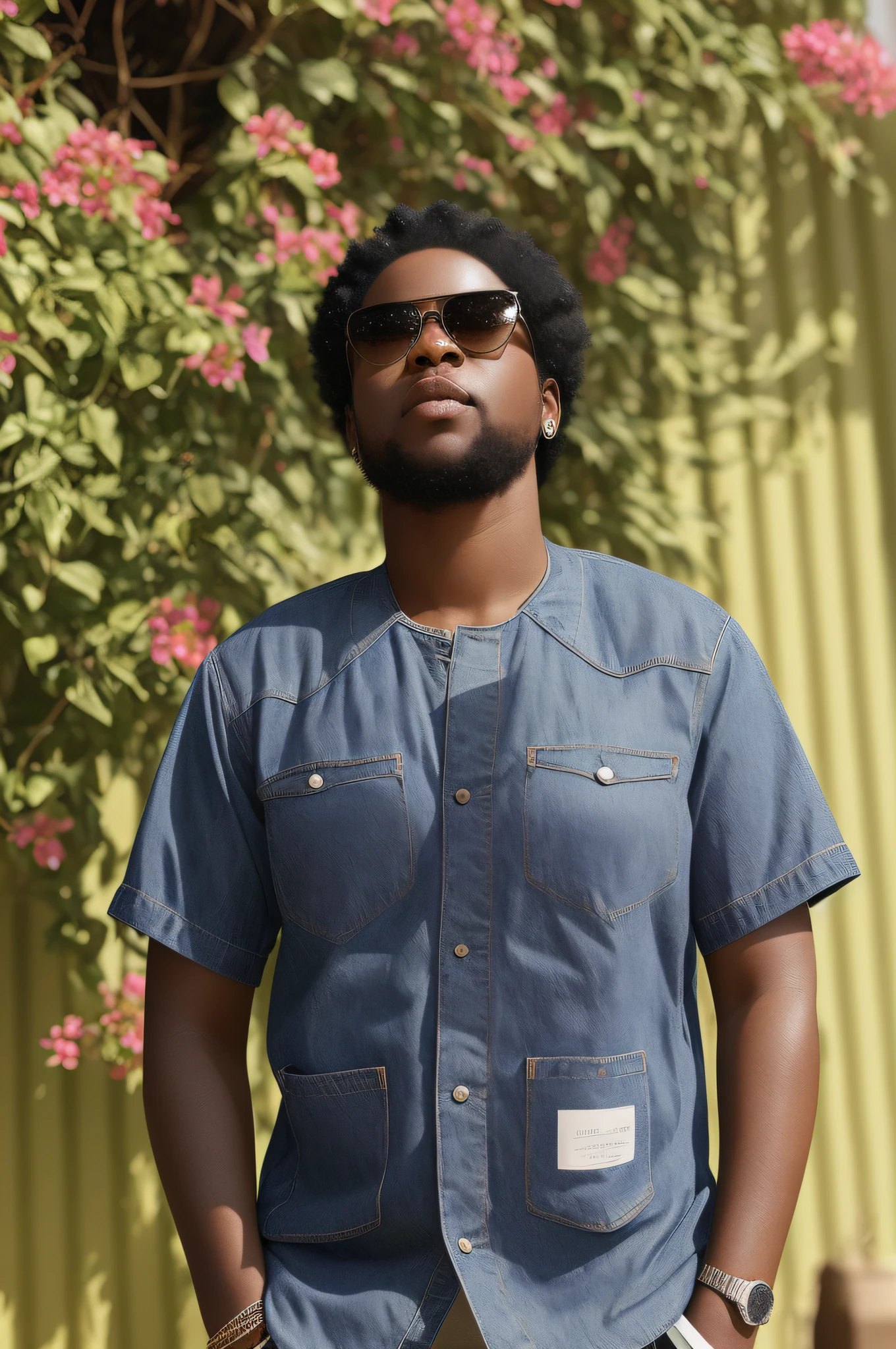 Arafed woman in denim shirt and sunglasses standing in front of a bush, black woman with afro hair, sexy, taken in the early 2020s, Full Leight, Freeway, Sitting Down, Westside, album cover