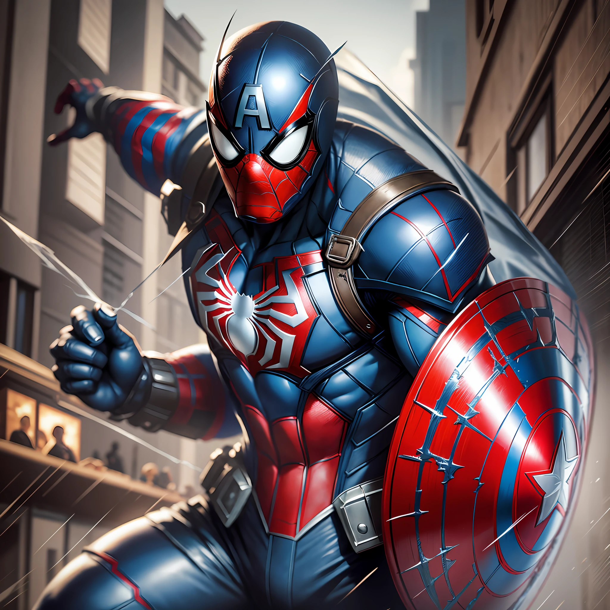 Spider-Man with Captain America-style armor, holding a shield with the Spider-Man symbol, Marvel's Captain America mixed with Spider-Man, Dark, World War II scenario, raining, right hands, ultra realistic, Unreal Engine 5, dark, ultra quality, gorgeous, beautiful --auto --s2