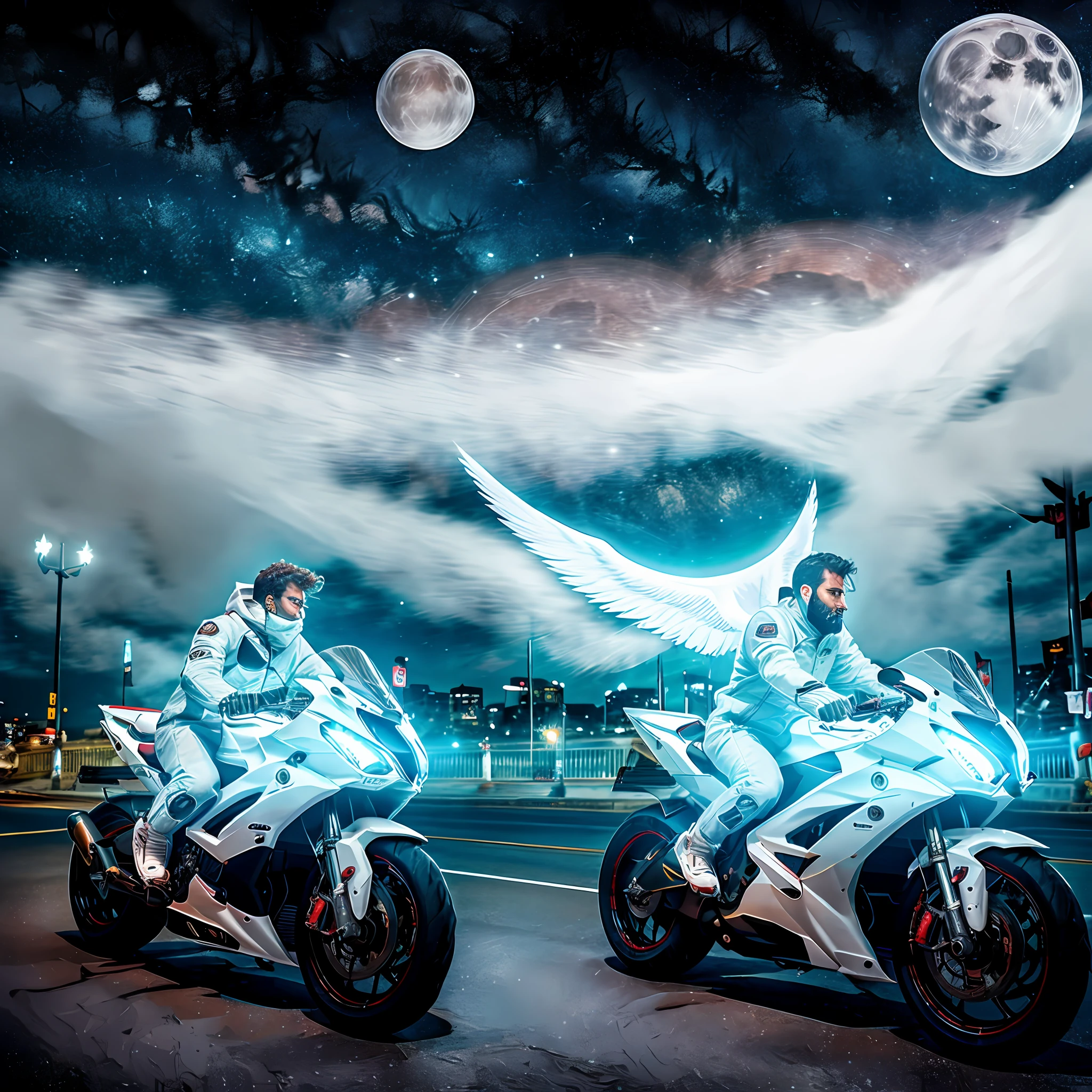 Realistic image of a man riding his motorcycle through the city on a starry night and with the red moon, in the sky his white-coated dog flying like a guardian angel protecting him during his path, movement