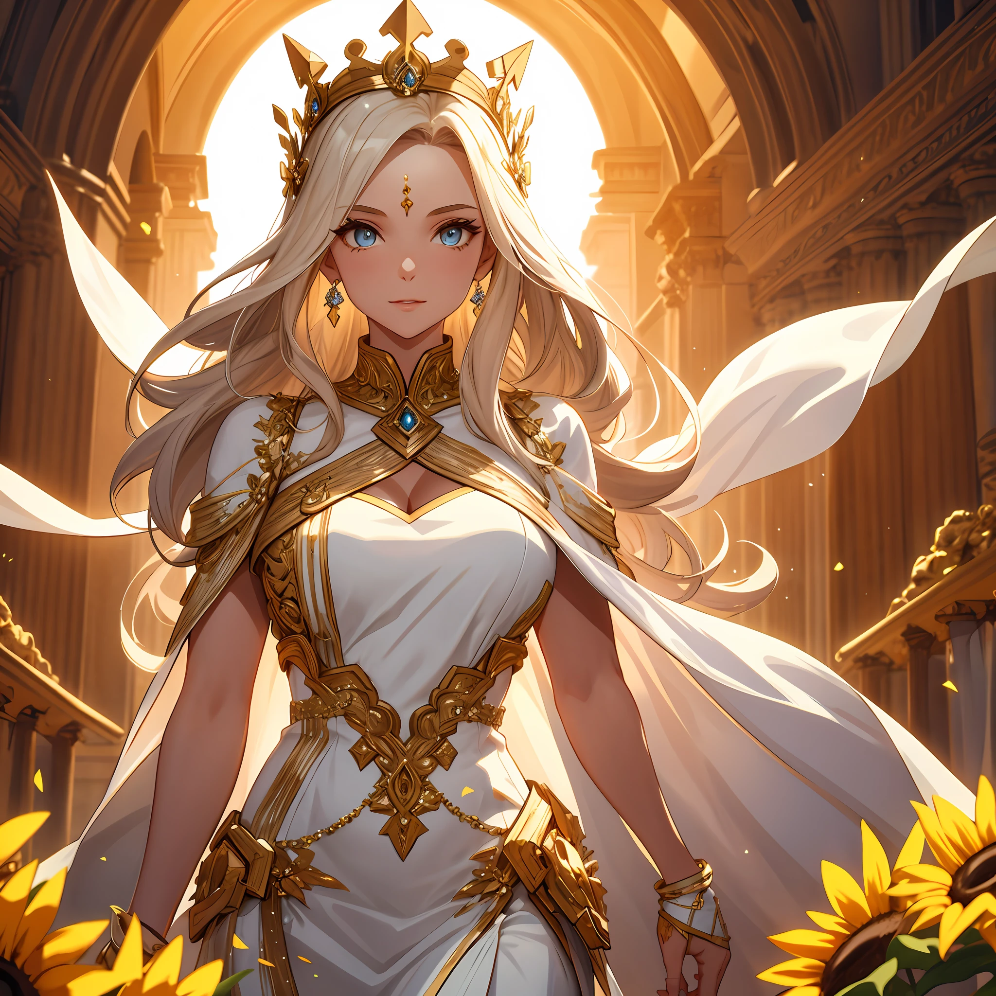 1girl, BREAK, Goddess in white and gold dress, perfect face, figure, toned thighs, background, hips, absolutely stunning eyes, wearing a crown, surrounded by sunflowers, the highest quality digital art, 8k, 64k, HD, unparalleled masterpieces, dynamic lighting, movies, epic