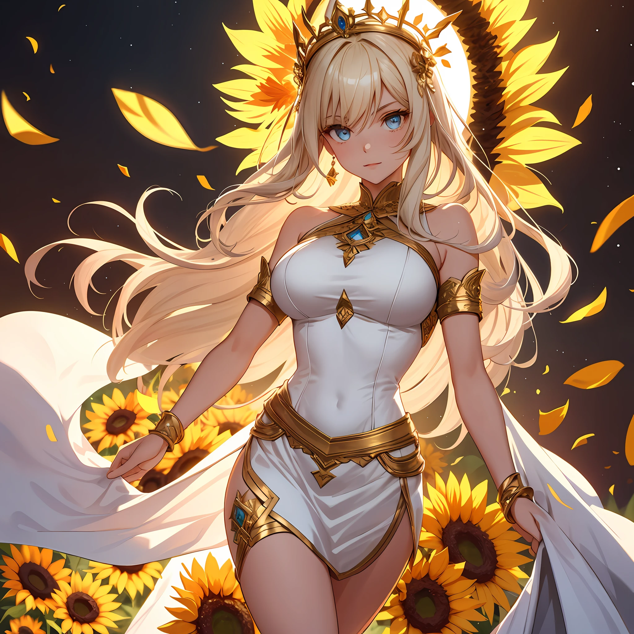 1girl, BREAK, Goddess in white and gold dress, perfect face, figure, toned thighs, background, hips, absolutely stunning eyes, wearing a crown, surrounded by sunflowers, the highest quality digital art, 8k, 64k, HD, unparalleled masterpieces, dynamic lighting, movies, epic