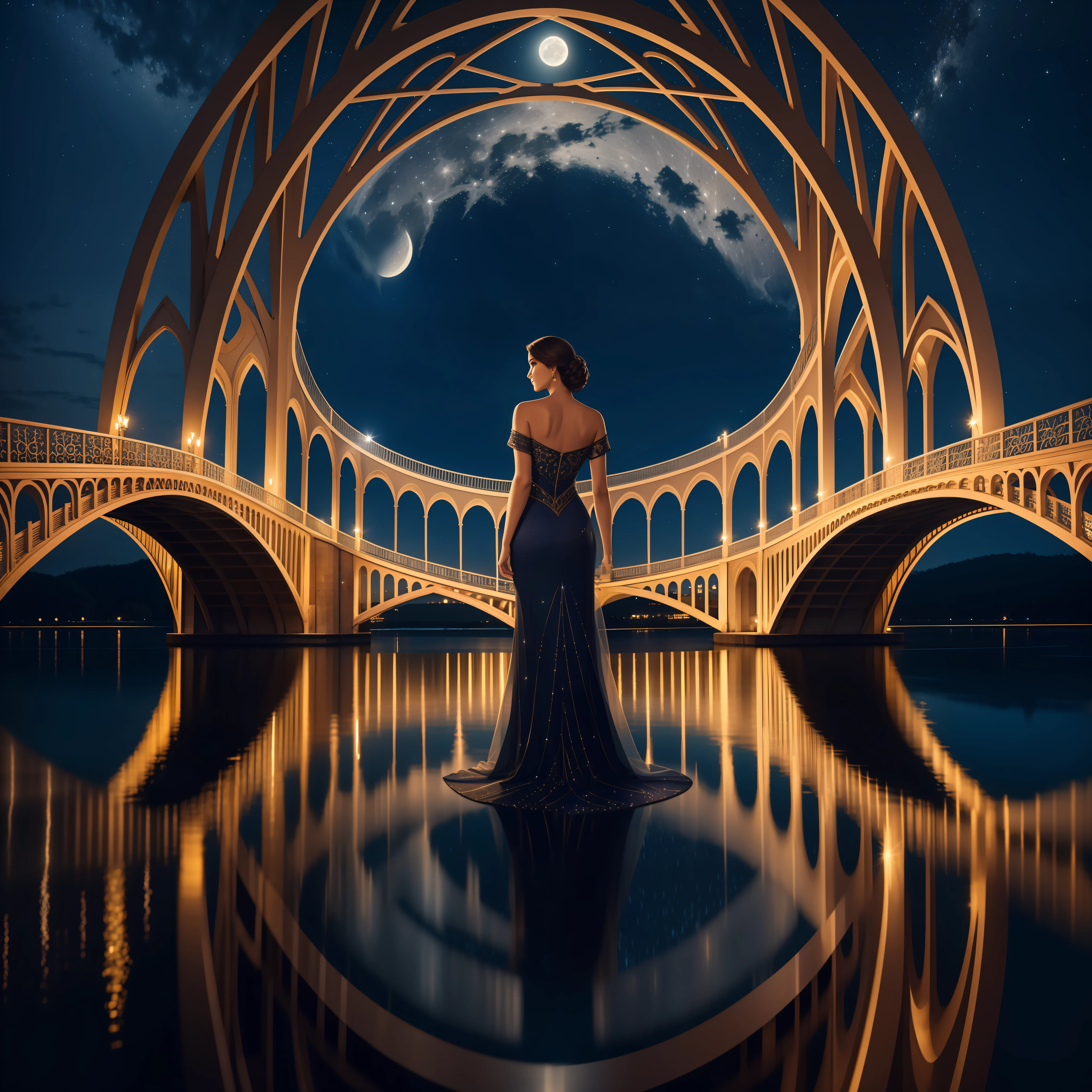 Best quality, 4K, masterpiece, a woman is standing in front of a magnificent illuminated bridge, which stretches over a tranquil river. The bridge is a work of stunning architecture, with intricate details and bright lights that enhance its nocturnal beauty. The soft lighting enhances the graceful curves of the bridge and creates a romantic atmosphere. In the background, the night sky is dotted with twinkling stars and a full moon, adding a touch of magic to the scene. The moonlight reflects gently on the calm surface of the river, creating a soft glow and reflecting the mysterious aura of the night. The woman stares at the camera with expressive eyes and a faint smile on her lips. His expression conveys a mixture of mystery, confidence and charm. His eyes sparkle with a captivating glint, capturing the viewer's attention. The composition of the photograph is carefully balanced, with the woman positioned in such a way as to highlight her elegant figure in contrast to the stunning scenery. The contrast between the illuminated figure and the nocturnal environment creates a sense of prominence and prominence.