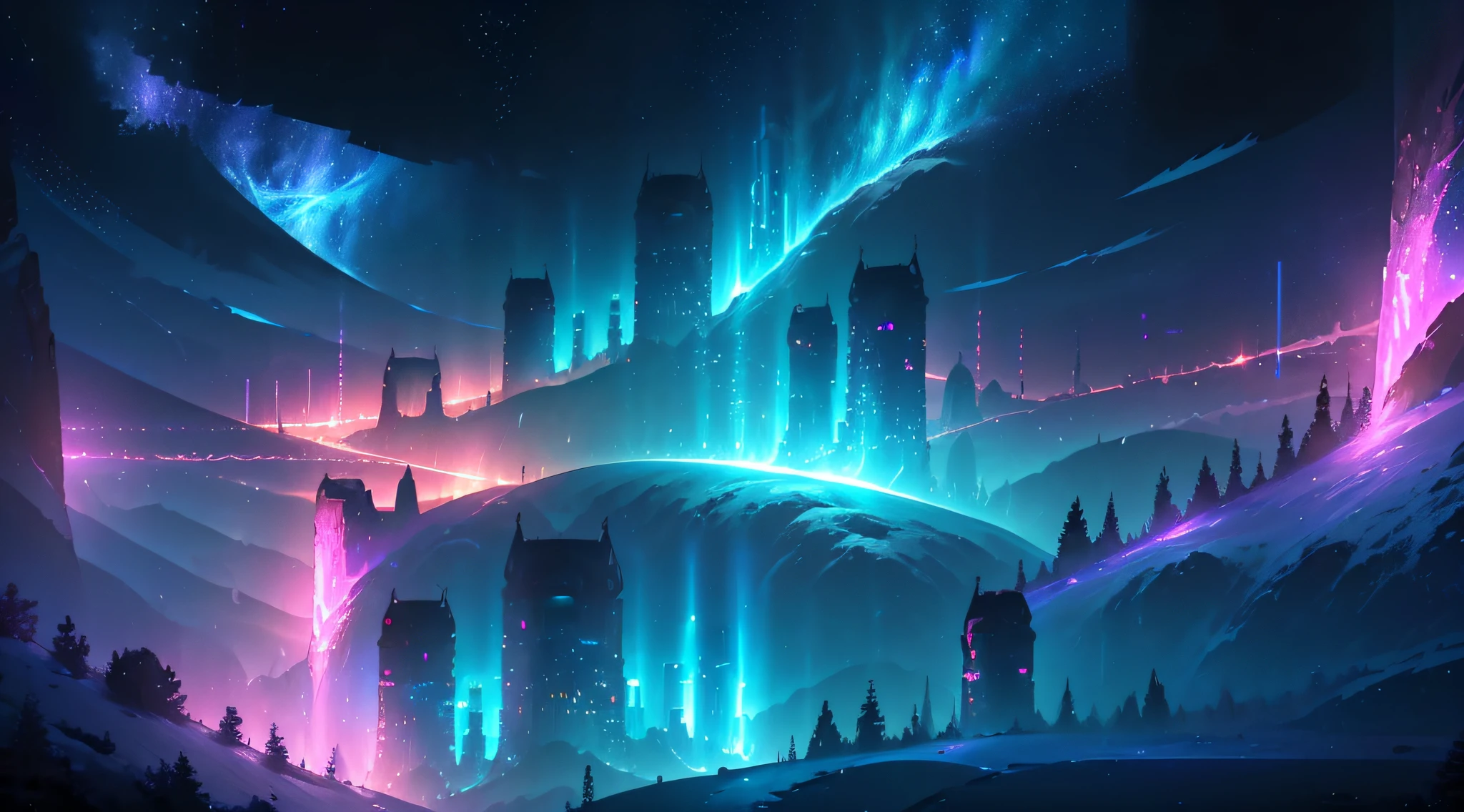 (deep in the night, deep in the night, deep in the night) I see a beautiful, detailed 8k artwork with a sugary pink crystal city, sparkling gold, and a fairytale landscape against a magical night sky.8k,((huge full city)),(space city),(nothern lights,detailed),((high quality))