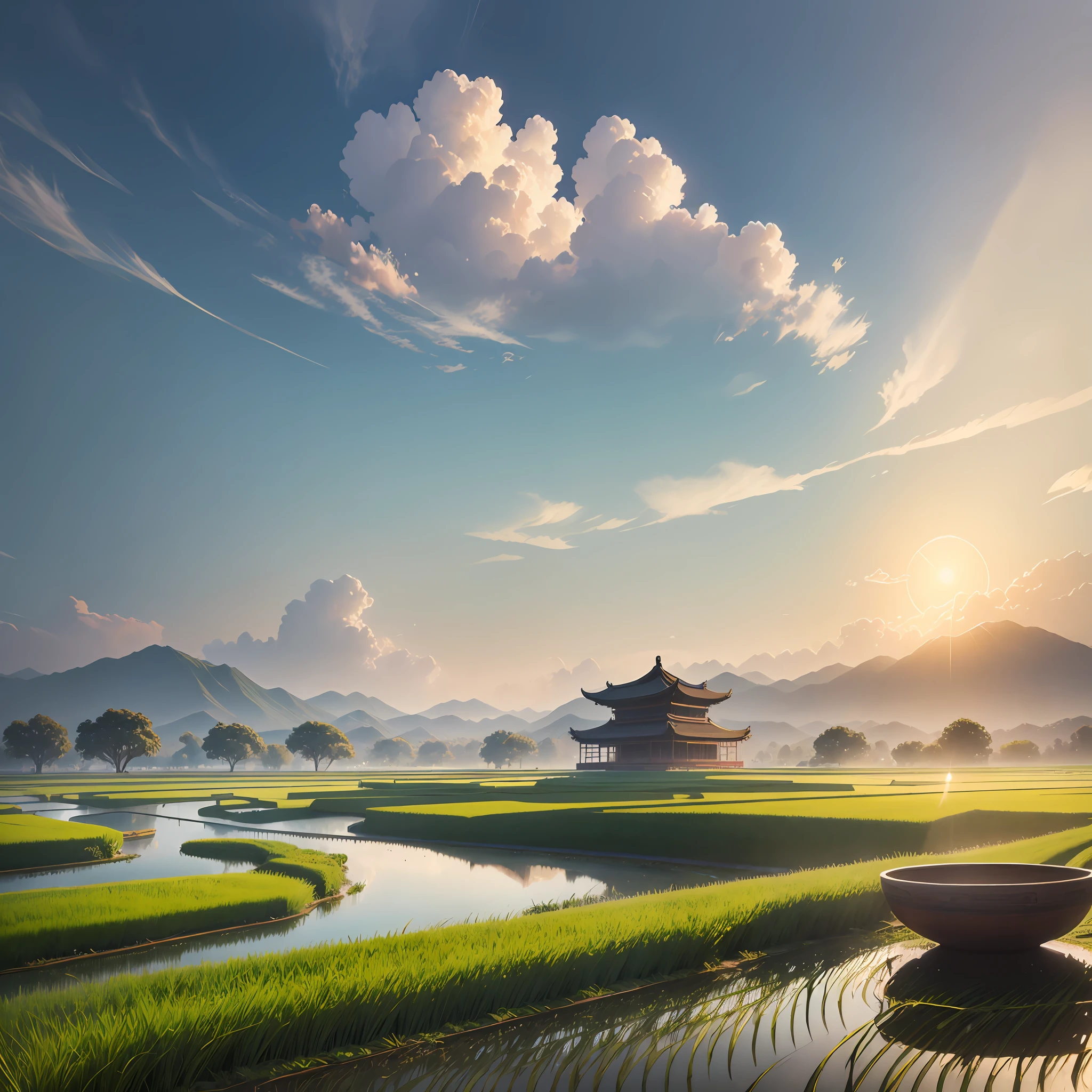 Bowl of rice, rice field, china with rice field, rice, sunny morning light, rice field and river flowing, awesome great composition, sunny morning, beautiful landscape rendering, Chinese countryside, beautiful sunny day, amazing composition --auto --s2