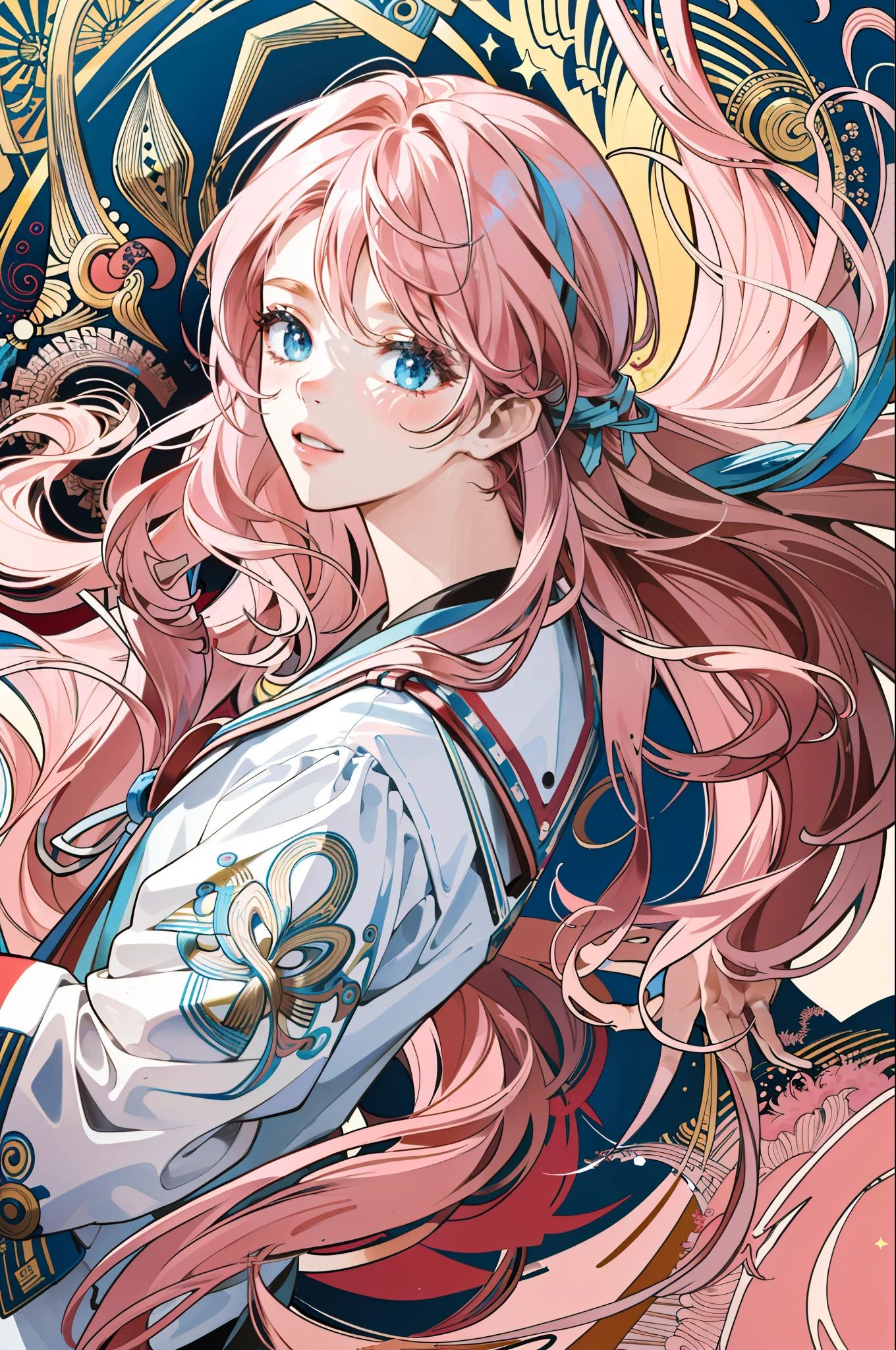 ((masterpiece:1.2, best quality)), ultra detailed, Ultra-precise depiction, Ultra-detailed depiction, (zentangle:1.2), (dynamic pose), (abstract background:1.5), wavy long hair, pink hair, 1girl, colorful, portrait, (from above:1.2)