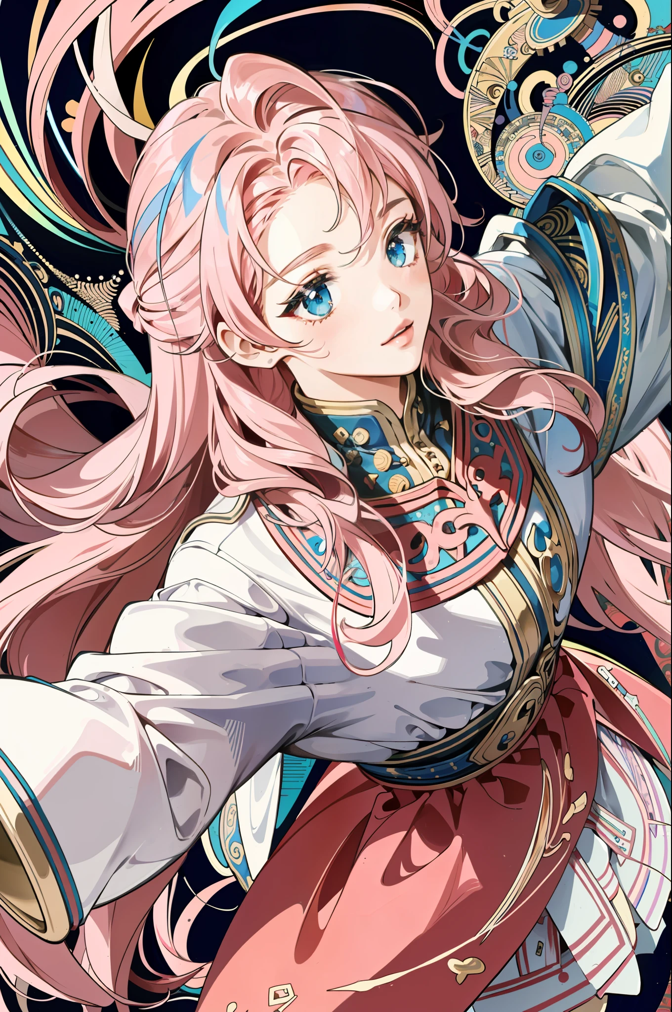 ((masterpiece:1.2, best quality)), ultra detailed, Ultra-precise depiction, Ultra-detailed depiction, (zentangle:1.2), (dynamic pose), (abstract background:1.5), wavy long hair, pink hair, 1girl, colorful, portrait, (from above:1.2)