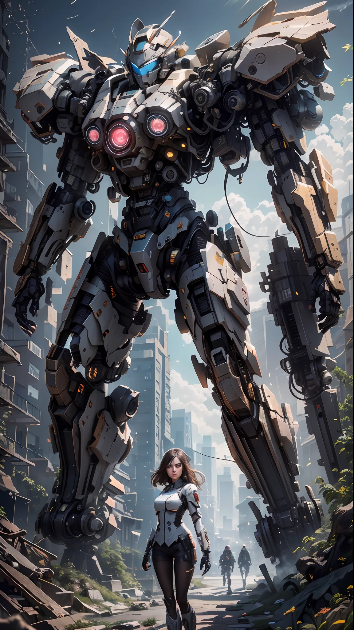 ((Best Quality)), ((Masterpiece)), (Very Detailed:1.3), 3D, Shitu-mecha, Beautiful cyberpunk woman with her pink mech in the ruins of a city in the forgotten war, Ancient technology, HDR (High Dynamic Range), ray tracing, NVIDIA RTX, super resolution, unreal 5, subsurface scattering, PBR texture, post-processing, anisotropic filtering, depth of field, maximum sharpness and sharpness, multi-layer texture, albedo and highlight maps, surface shading, Accurate simulation of light-material interactions, perfect proportions, octane rendering, duotone lighting, low ISO, white balance, rule of thirds, wide aperture, 8K RAW, efficient sub-pixels, subpixel convolution, luminescent particles, light scattering, Tyndall effect