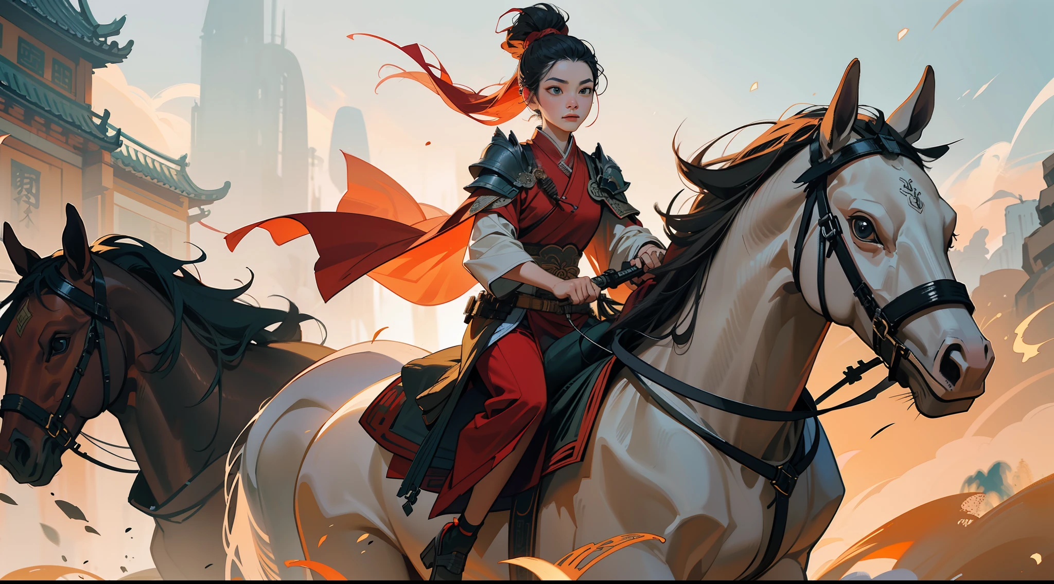 chinoiserie,The background is the ancient Chinese battlefield,A female general rides a war horse、A full body,Clear facial features,grim expression,Amazing facial features,Red robes,ARMOUR,Yellow sand flying,Fleeing crowds,firelight,Game model,C4D, OCrenderer, edge light,The light is delicate,masterpieces,hyperdetailed,epic composition,Super HD,Quality,Max Quality,32k