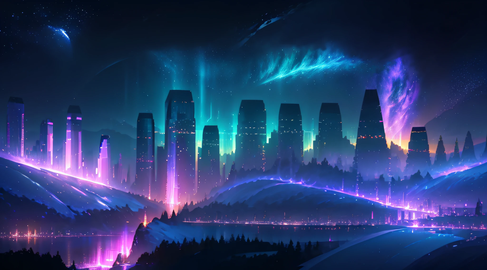 (deep in the night, deep in the night, deep in the night) I see a beautiful, detailed 8k artwork with a sugary pink crystal city, sparkling gold, and a fairytale landscape against a magical night sky.8k,((huge full city)),(space city),(nothern lights,detailed),((high quality))