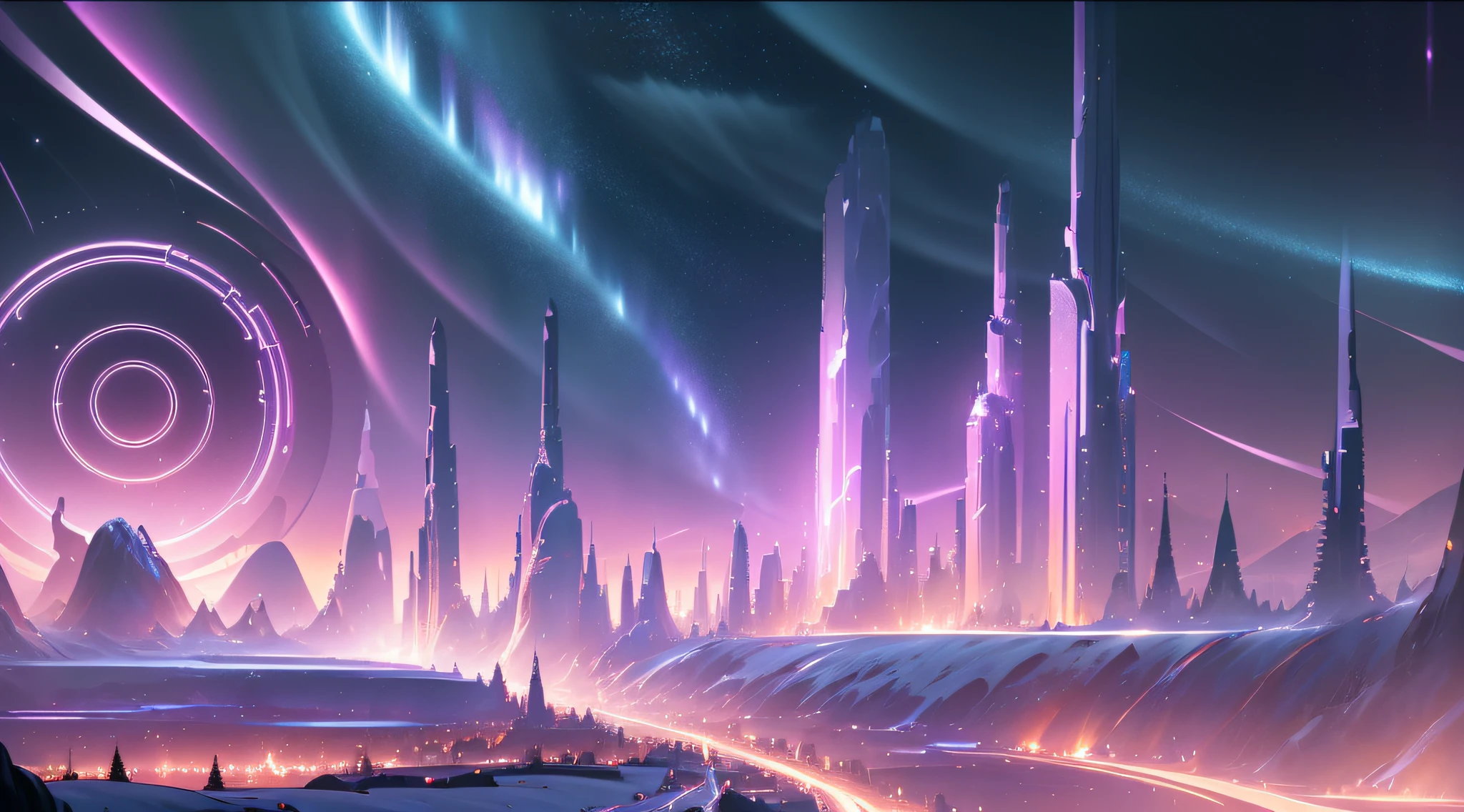 (deep in the night, deep in the night, deep in the night) I see a beautiful, detailed 8k artwork with a sugary pink crystal city, sparkling gold, and a fairytale landscape against a magical night sky.8k,((huge full city)),(space city),(nothern lights,detailed),((high quality))