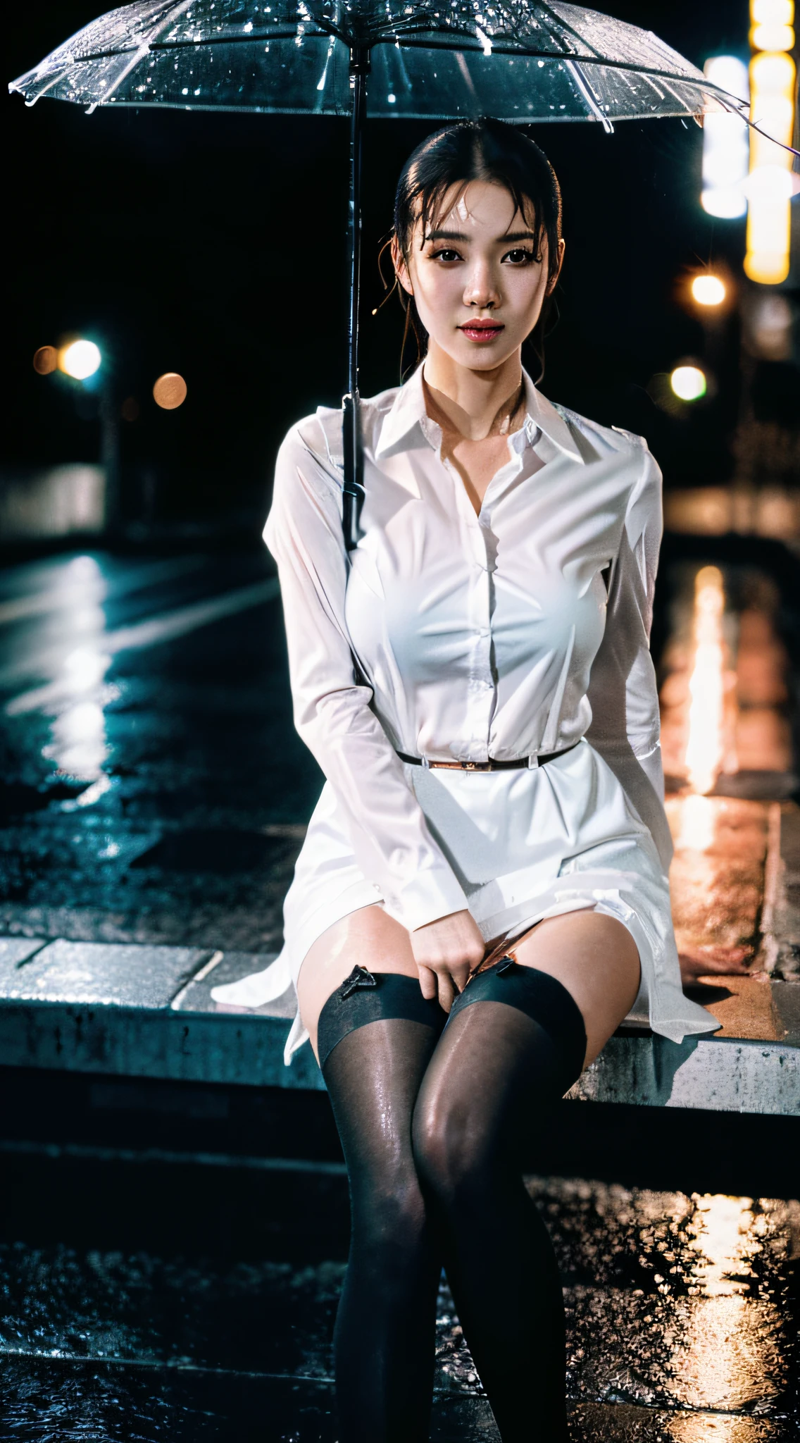 ((Realistic lighting, Best quality, 8K, Masterpiece: 1.3)), Clear focus: 1.2, 1girl, Perfect body beauty: 1.4, Slim abs: 1.1, (Big breasts), (White shirt: 1.4), (Outdoor, night: 1.1), (Standing), City Street, Super Fine Face, Fine Eyes, Double Eyelids, (Over the Knee Black Stockings: 1.5), (Wet in the rain, Wet: 1.2)